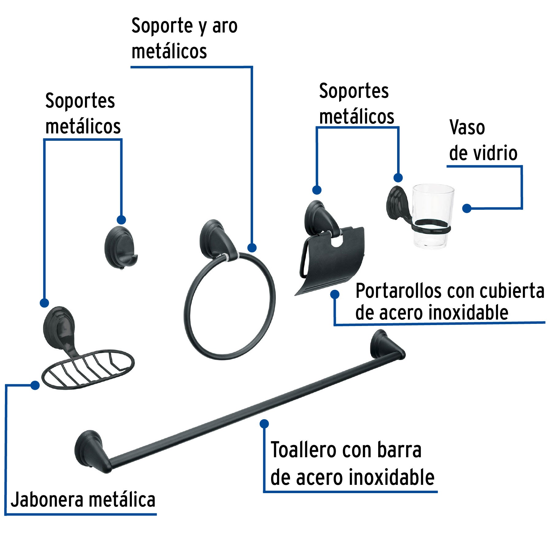 Juego de 6 accesorios para baño, negro, FOSET AQUA