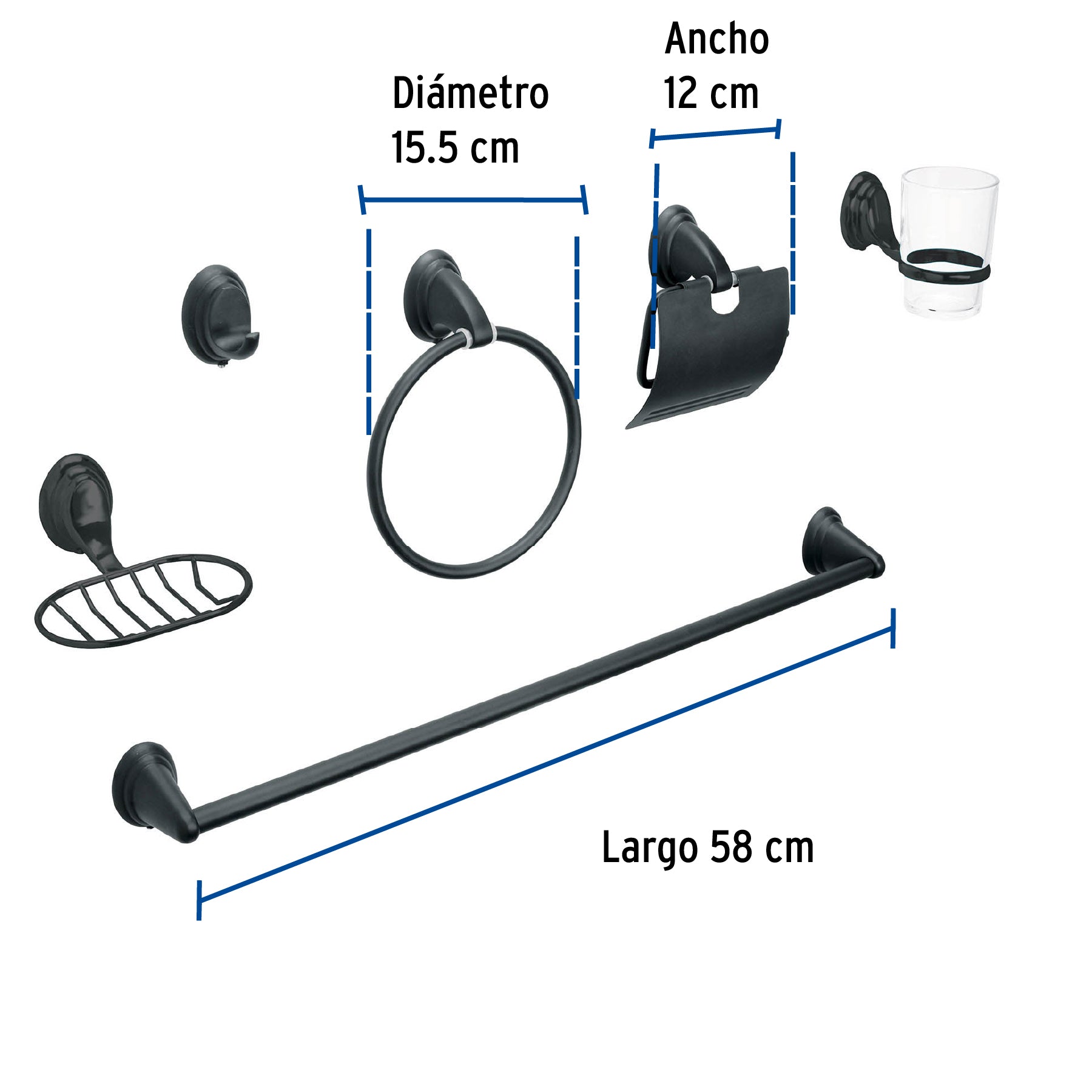 Juego de 6 accesorios para baño, negro, FOSET AQUA