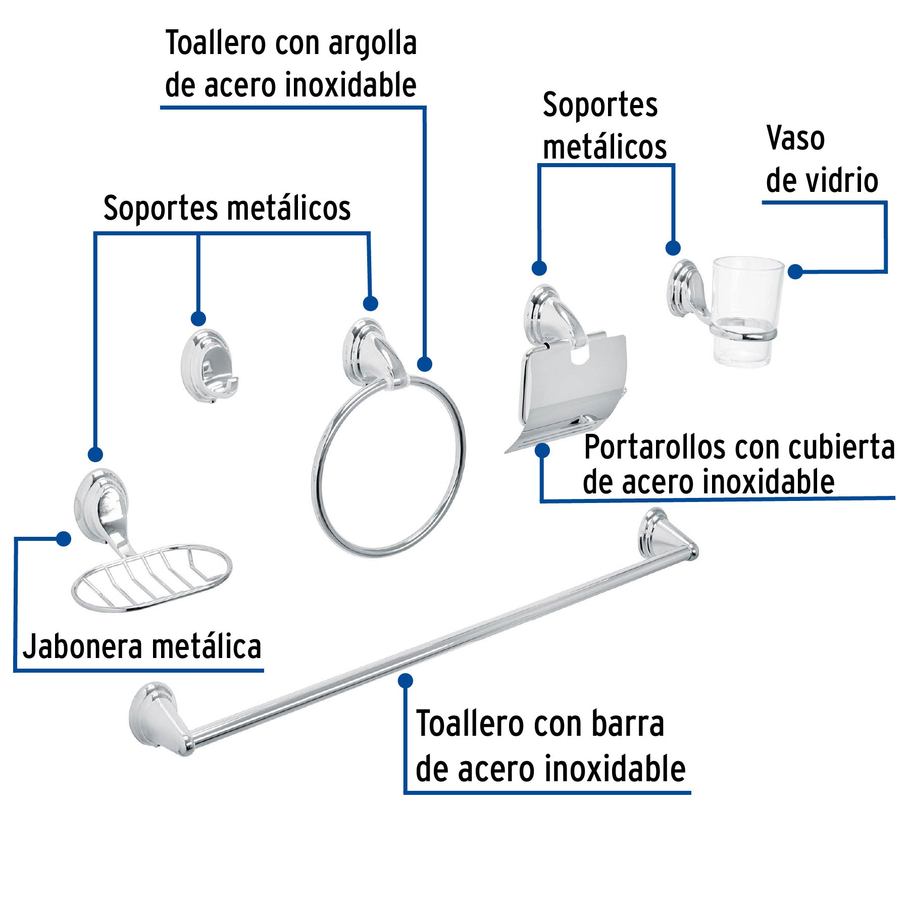 Juego de 6 accesorios para baño, cromo, FOSET AQUA