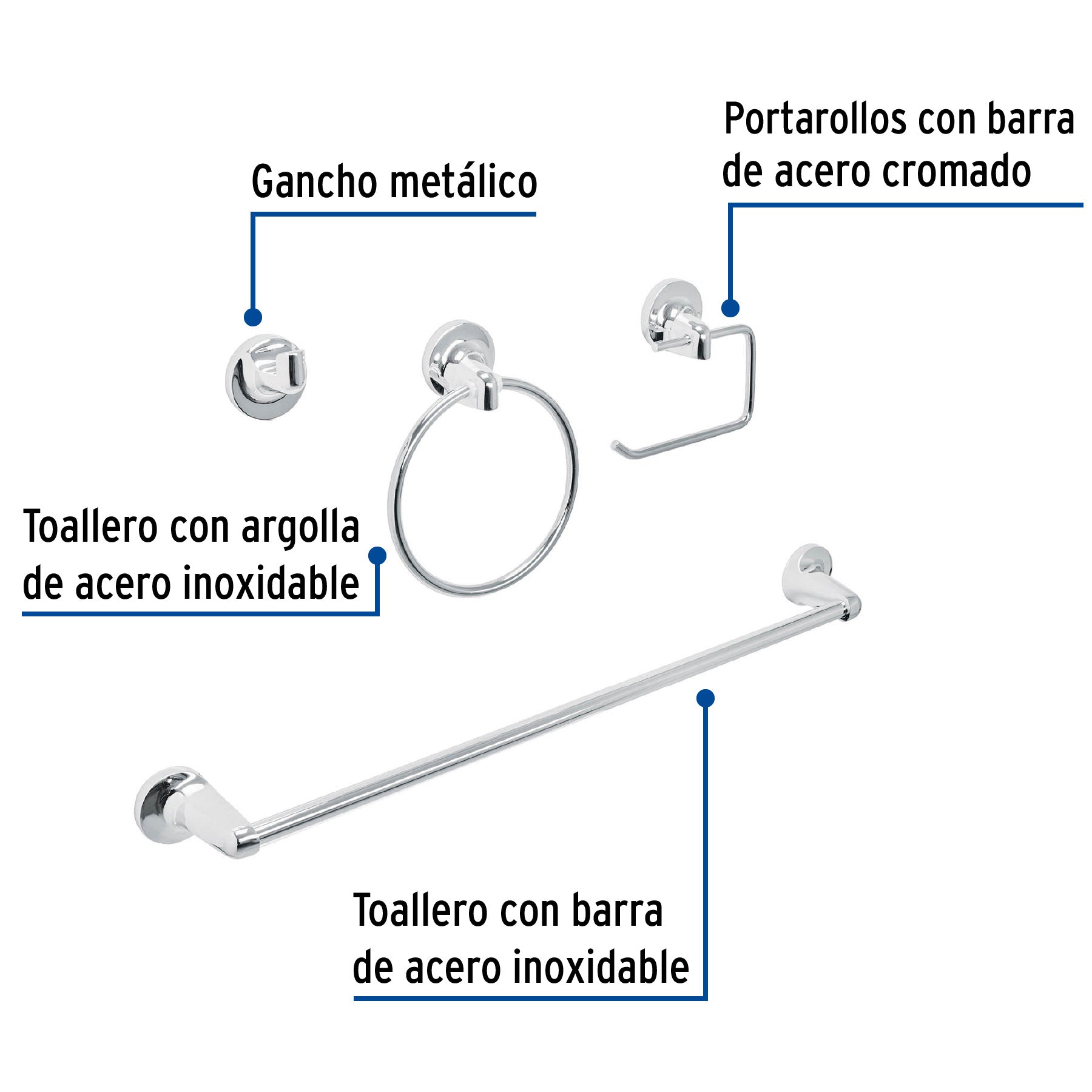 Juego de 4 accesorios para baño, cromo, FOSET AQUA