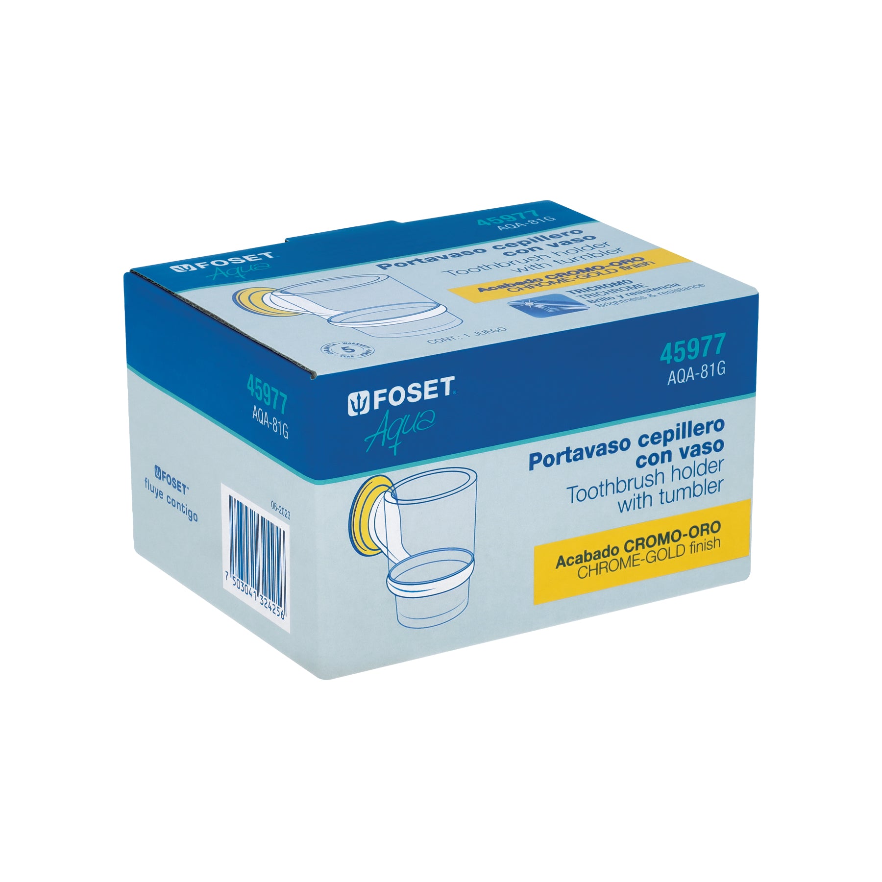 Portavaso cepillero con vaso de vidrio, cromo-oro,FOSET AQUA