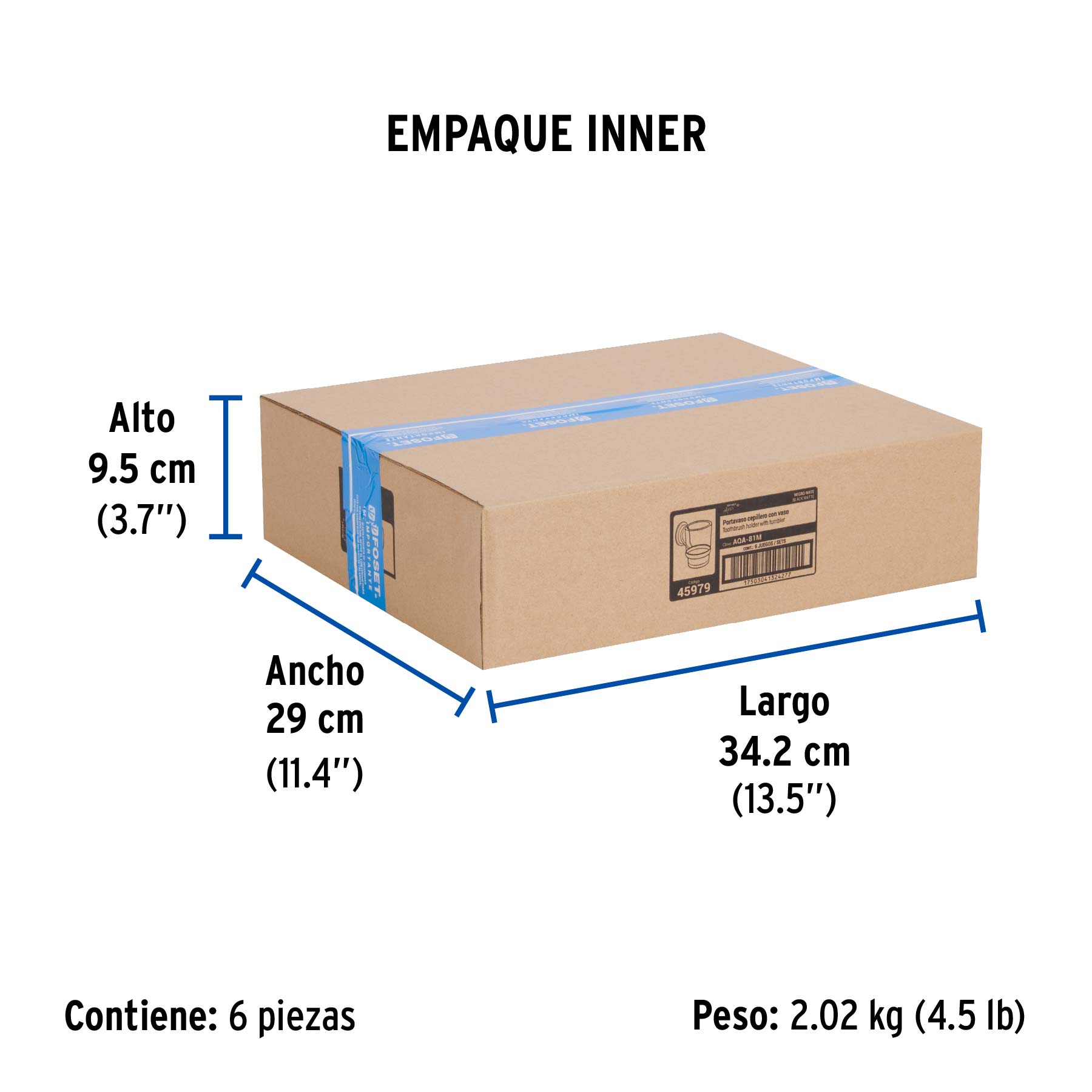 Portavaso cepillero con vaso de vidrio, negro, FOSET AQUA - Empaque