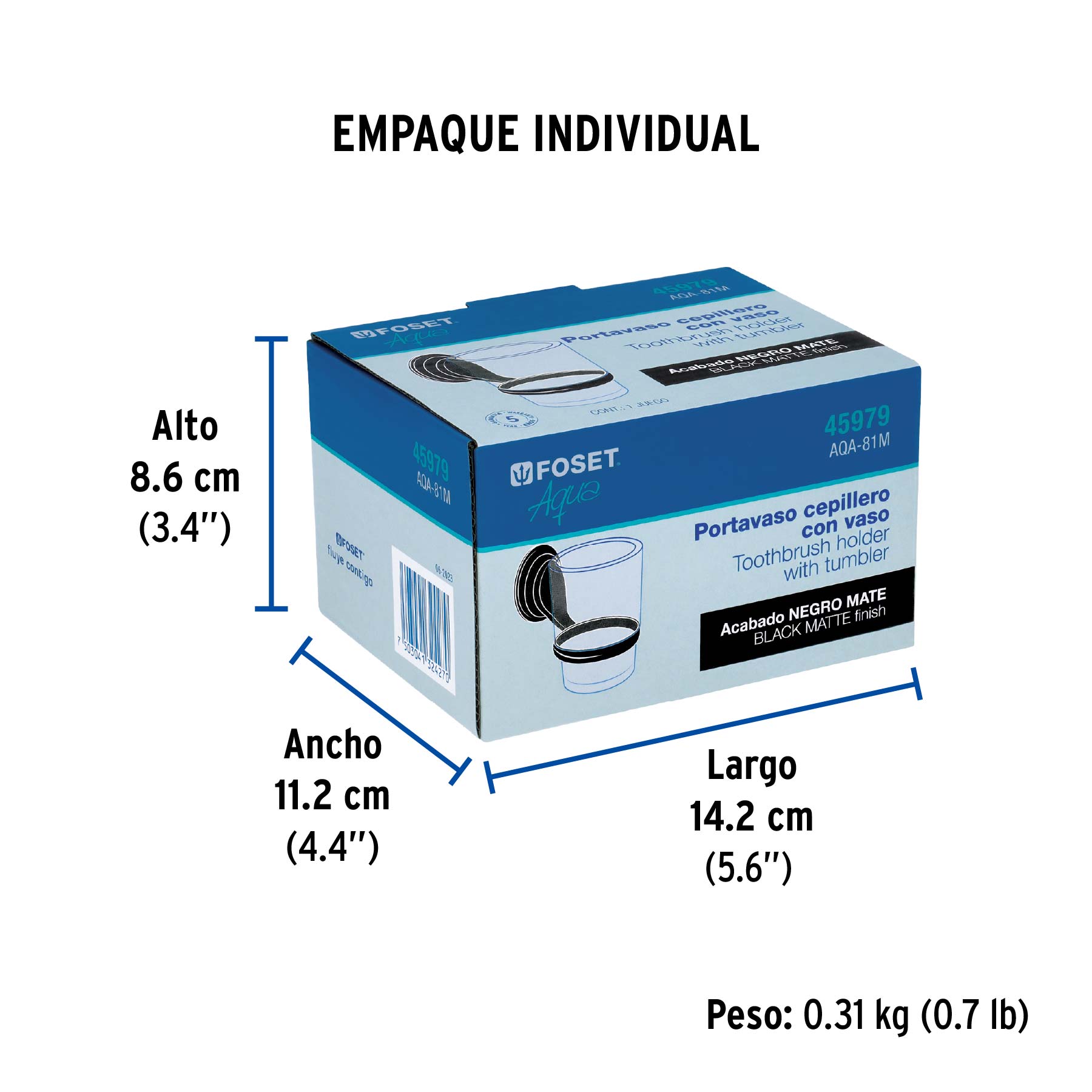 Portavaso cepillero con vaso de vidrio, negro, FOSET AQUA - Empaque