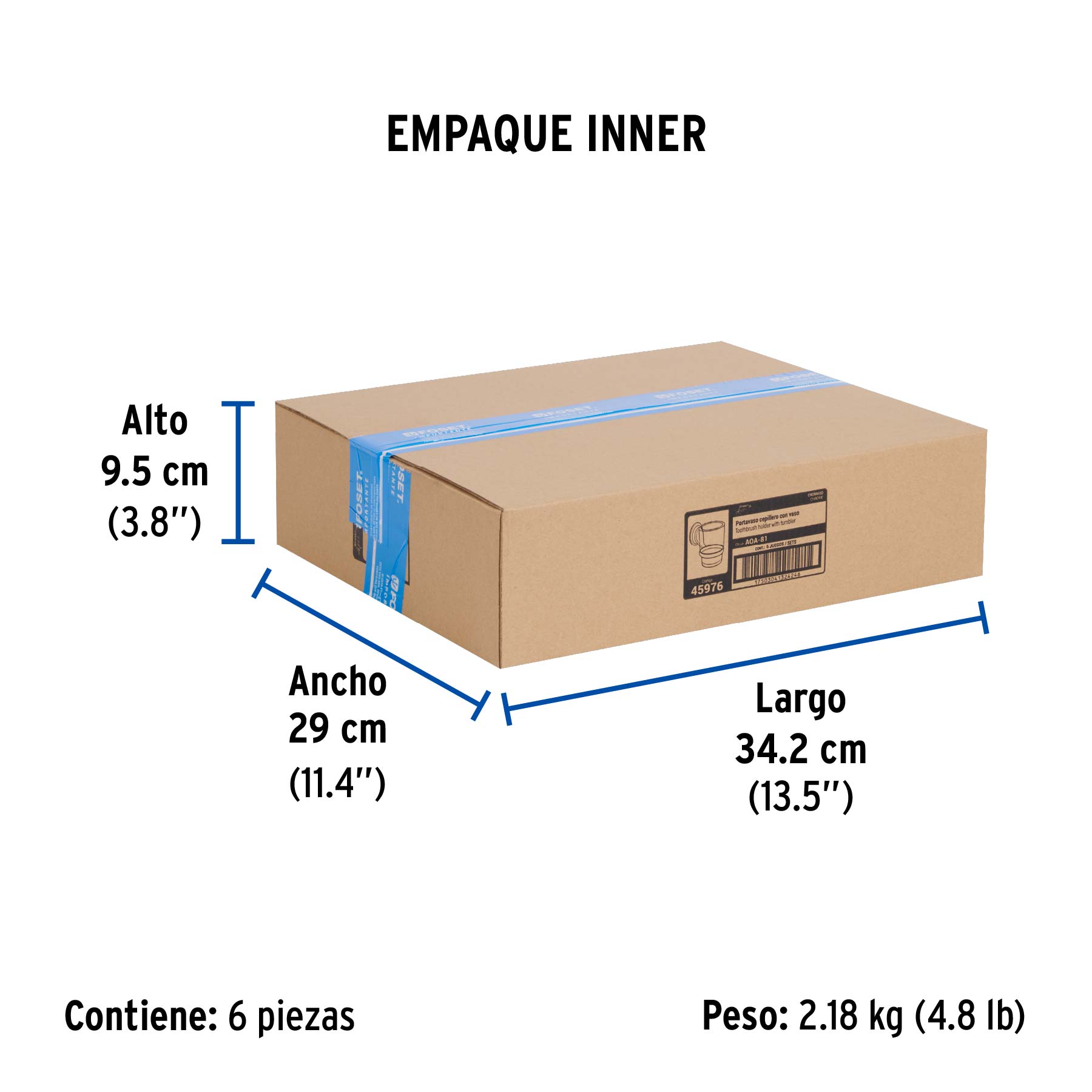 Portavaso cepillero con vaso de vidrio, cromo, FOSET AQUA - Empaque