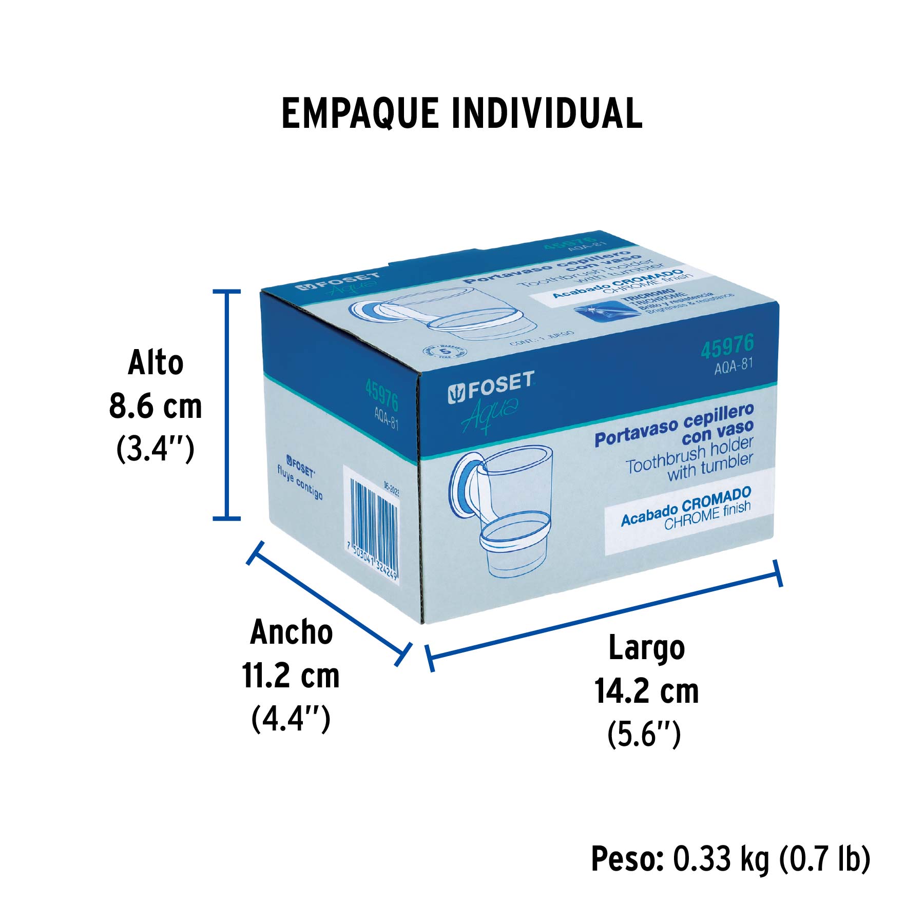 Portavaso cepillero con vaso de vidrio, cromo, FOSET AQUA - Empaque