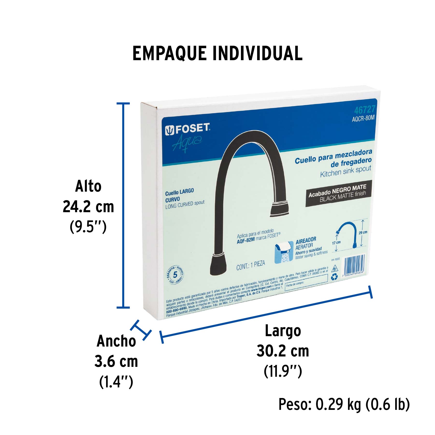 Cuello largo para mezcladora de fregadero, negro mate, AQUA - Empaque