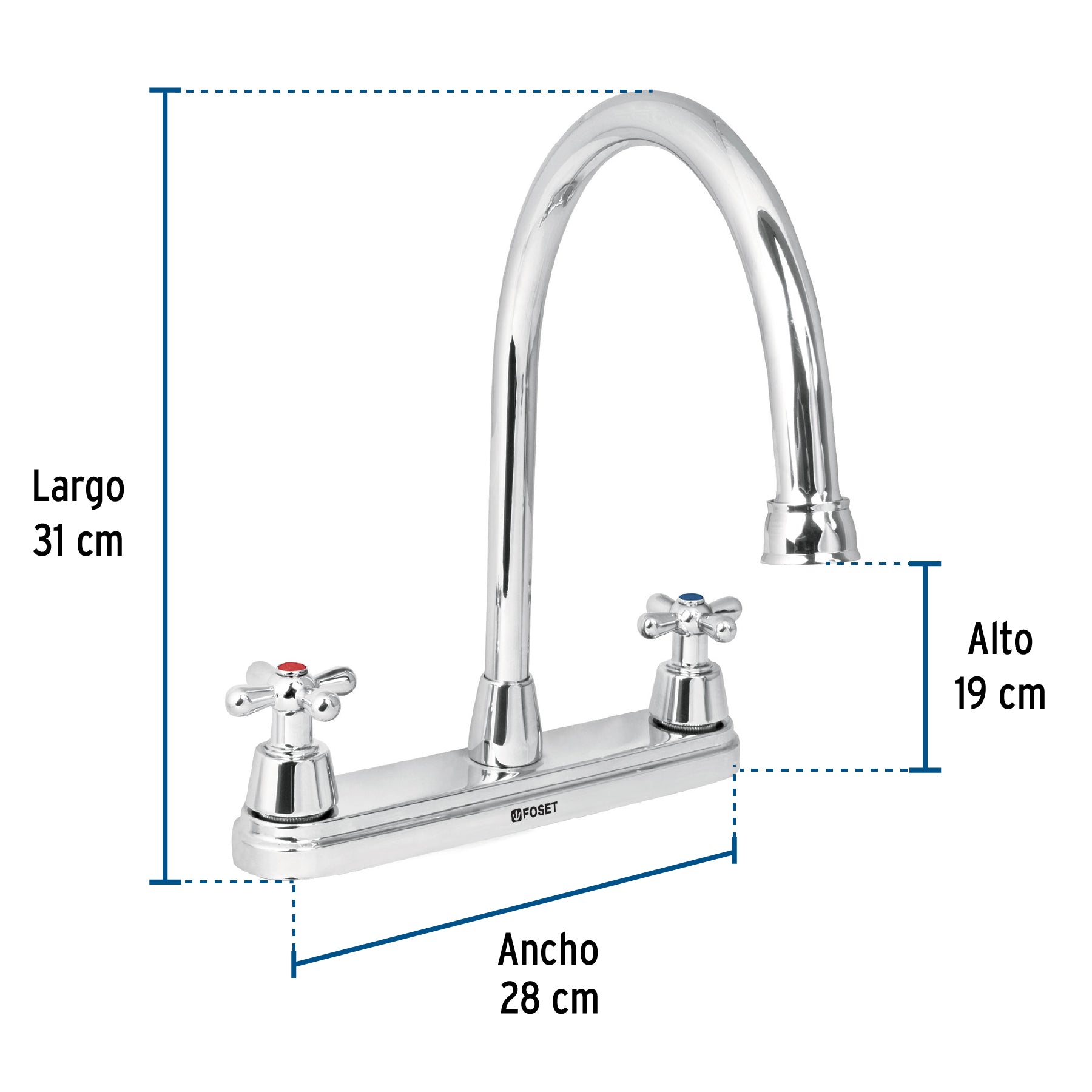 Mezcladora fregadero 8" cromo, cuello largo, cruceta, AQUA