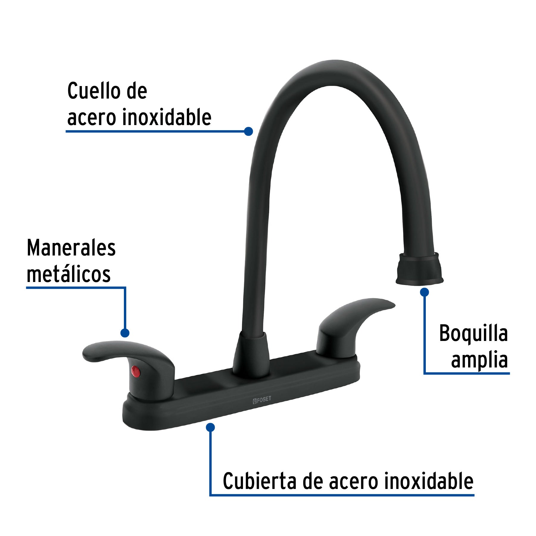 Mezcladora fregadero 8" negro, cuello largo, palanca, AQUA