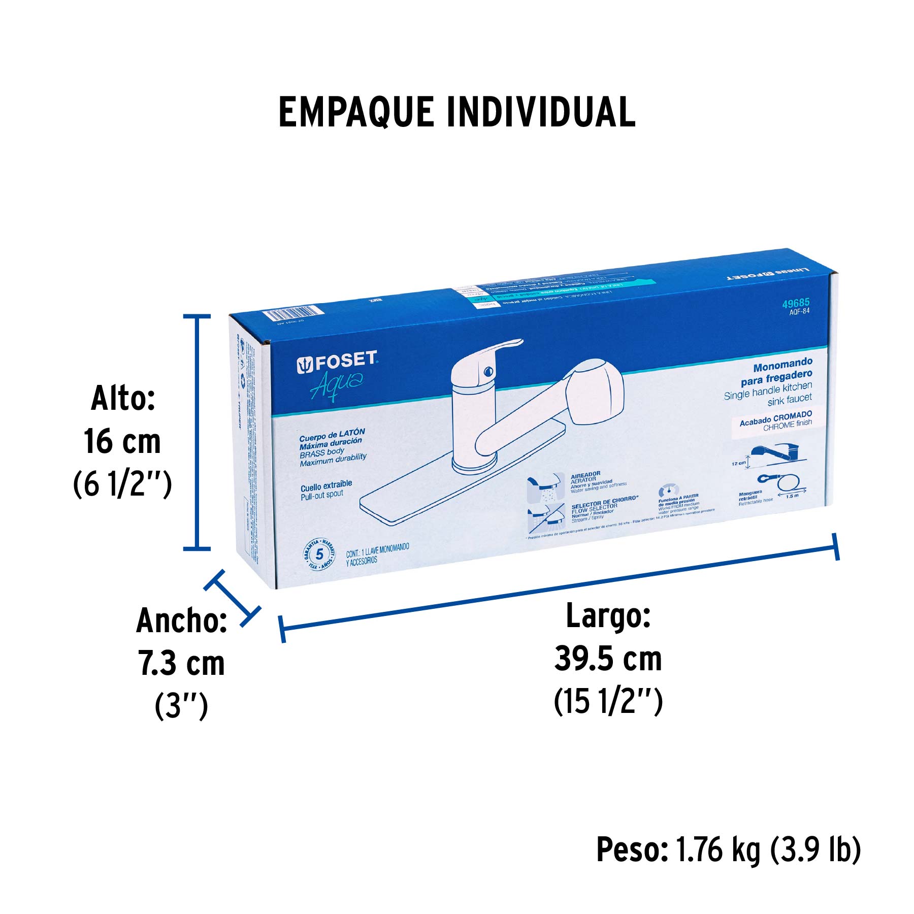 Monomando fregadero cromo, cuello extraíble, AQUA - Empaque