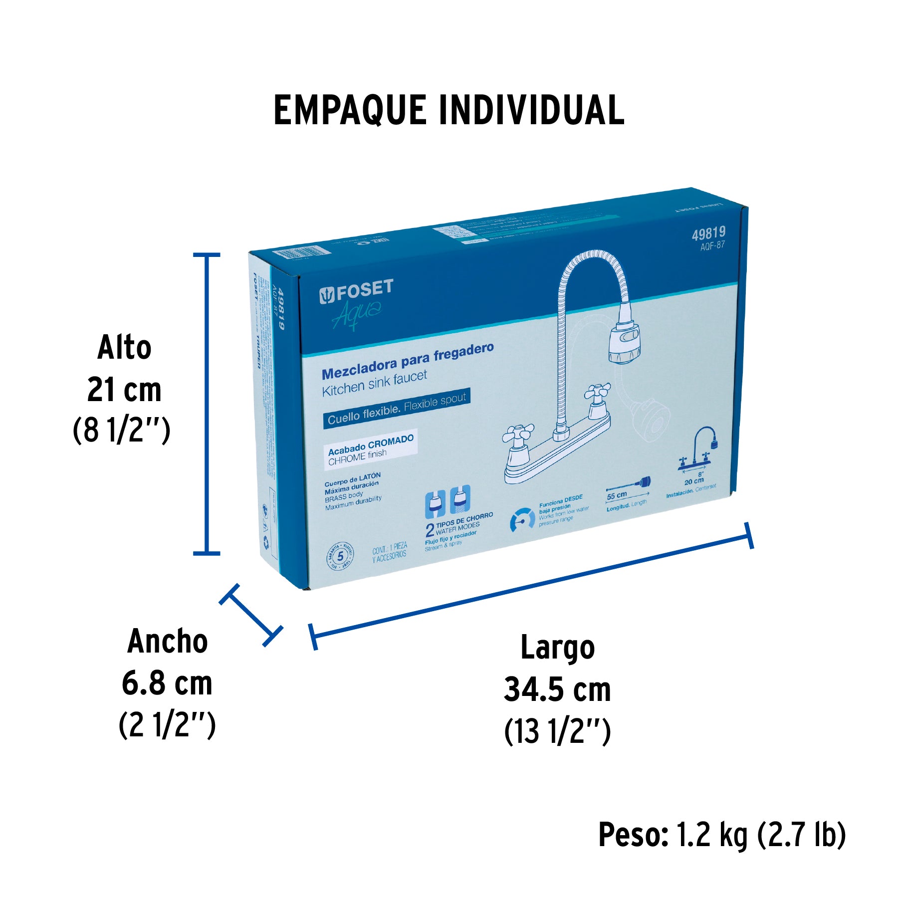 Mezcladora fregadero 8" cromo, cuello flexible, cruceta,AQUA - Empaque