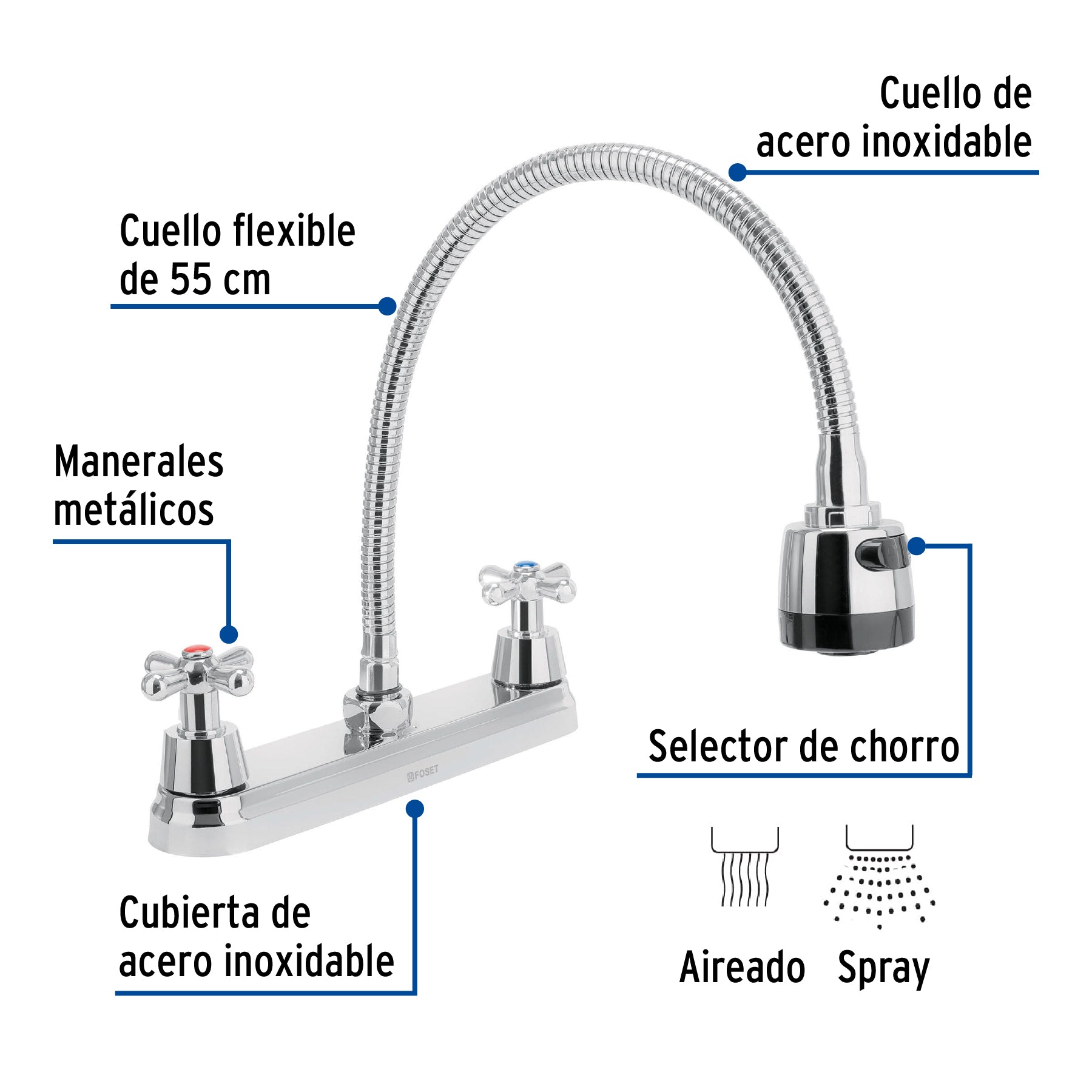 Mezcladora fregadero 8" cromo, cuello flexible, cruceta,AQUA
