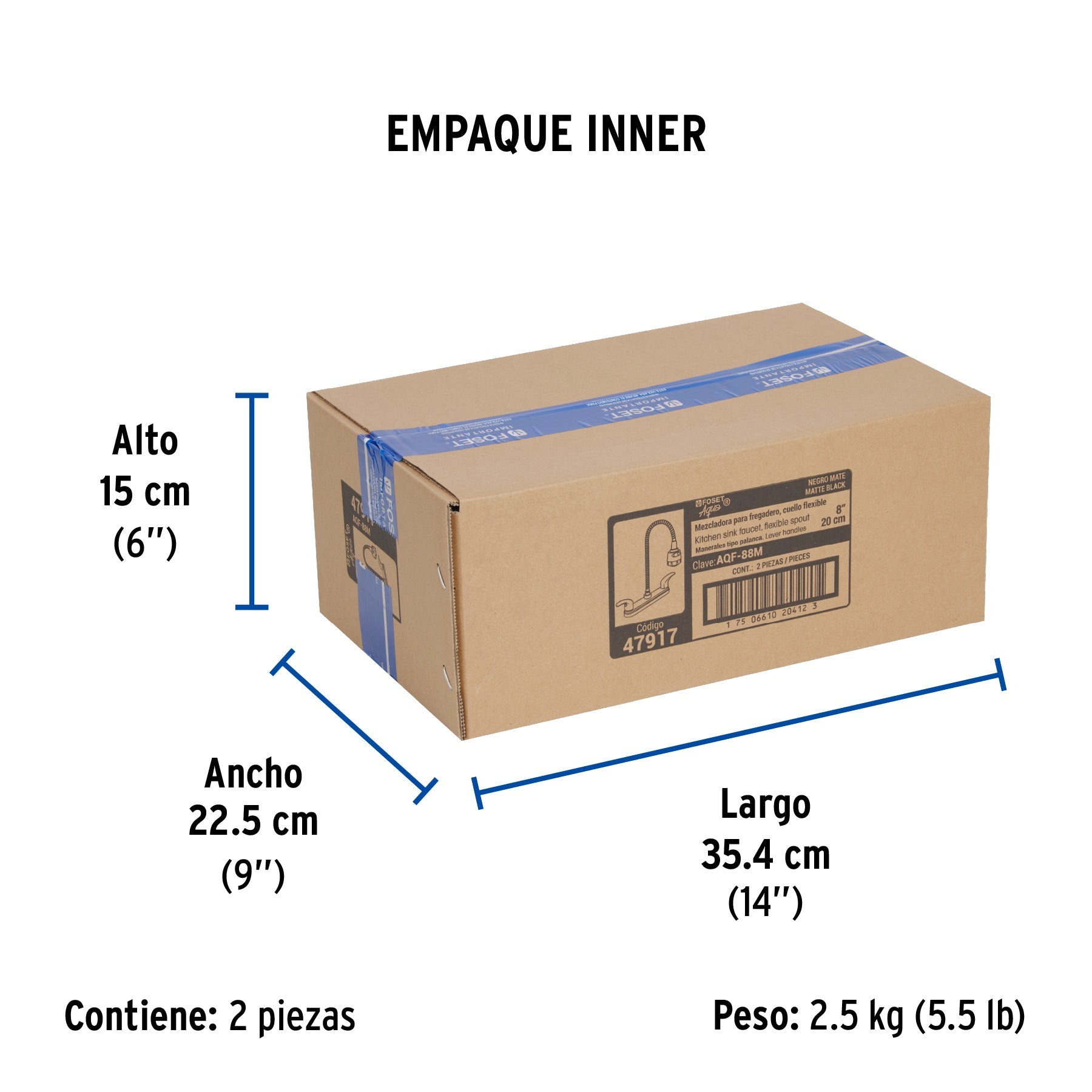 Mezcladora 8" p/fregadero, flexible, palanca, negro, AQUA - Empaque