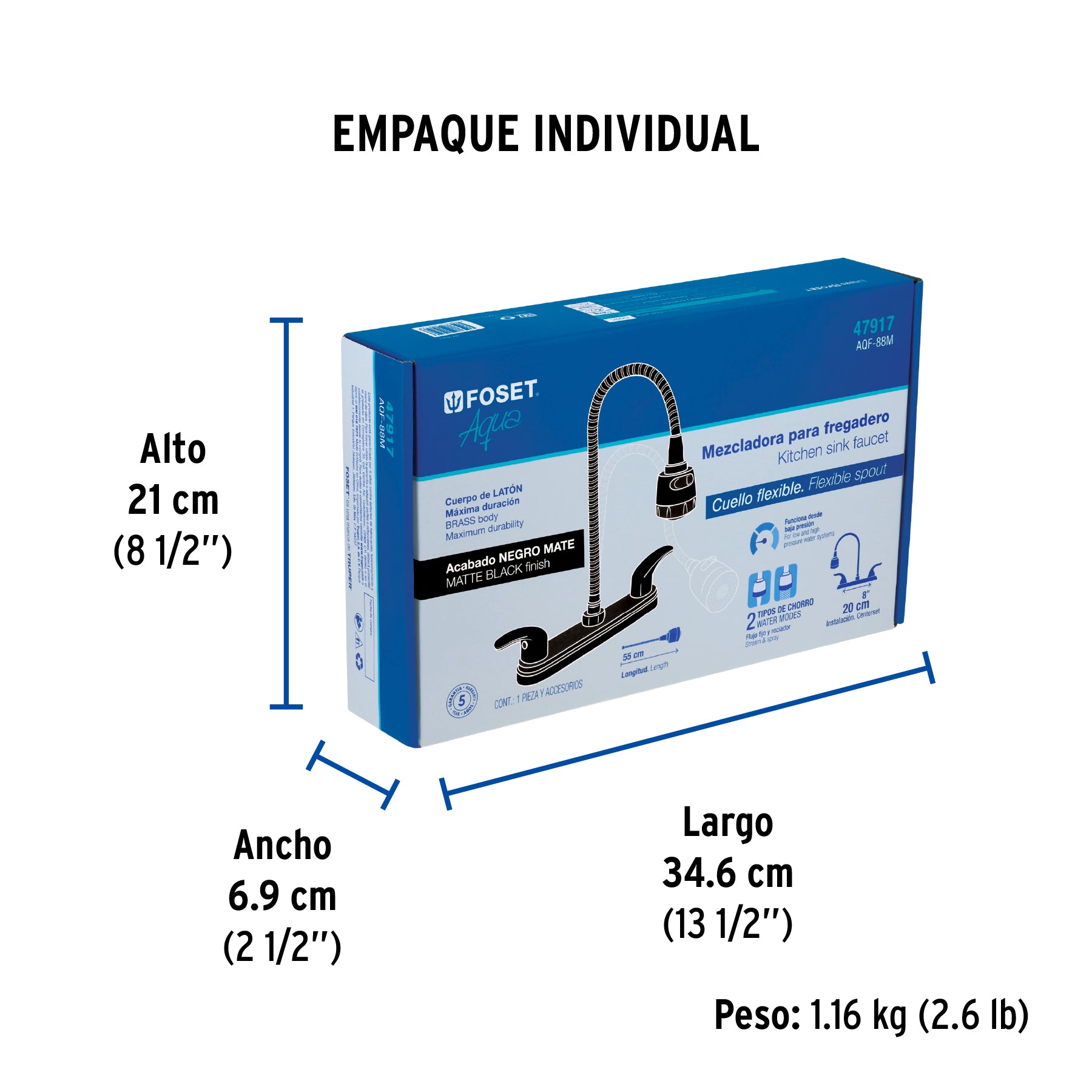 Mezcladora 8" p/fregadero, flexible, palanca, negro, AQUA - Empaque