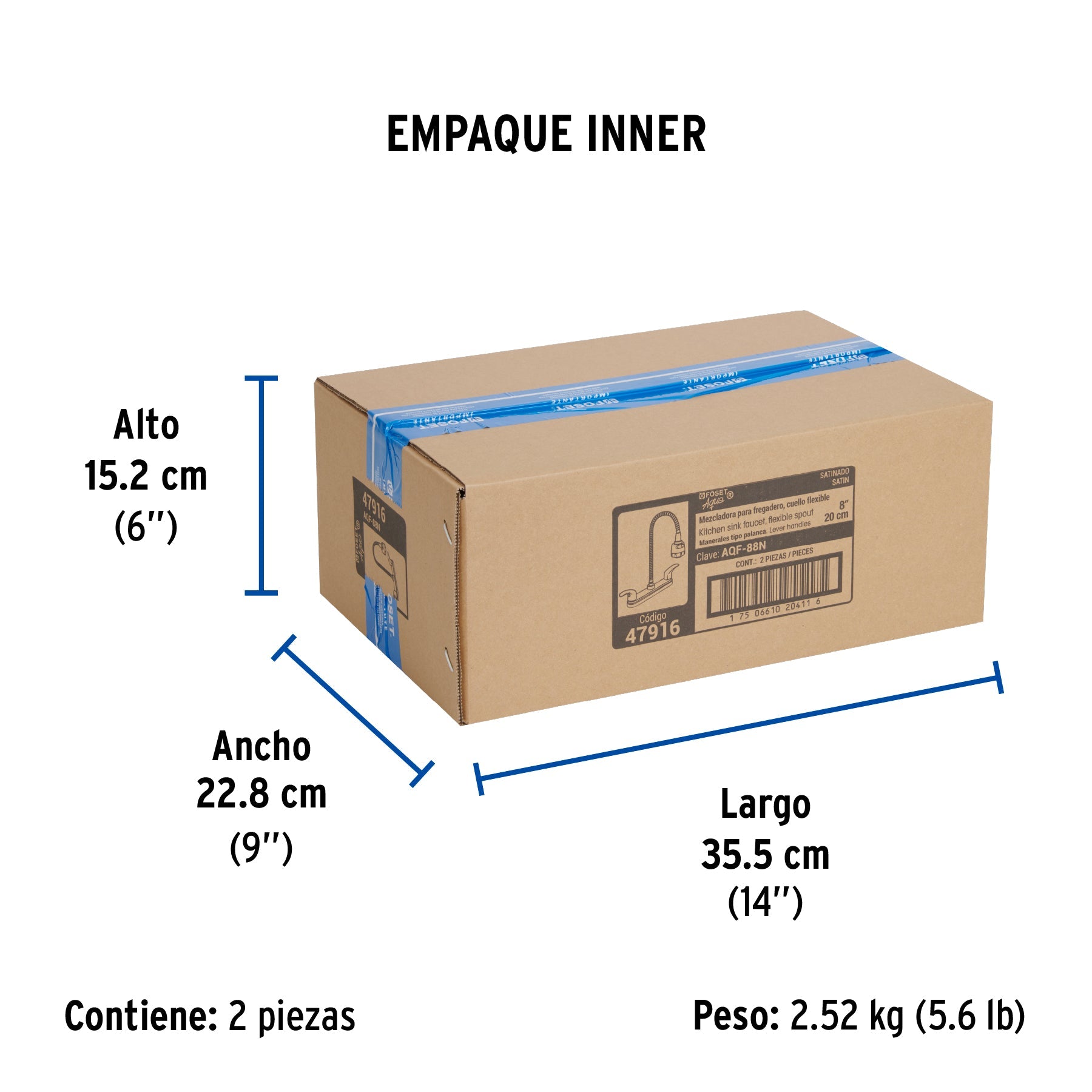Mezcladora 8" p/fregadero, flexible, palanca, satín, AQUA - Empaque