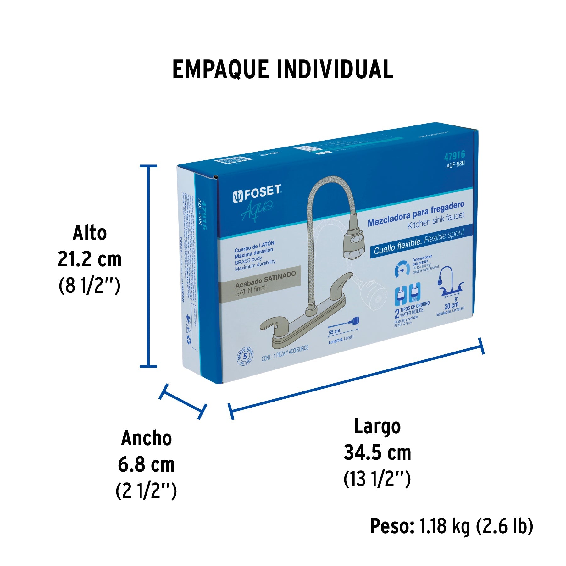 Mezcladora 8" p/fregadero, flexible, palanca, satín, AQUA - Empaque