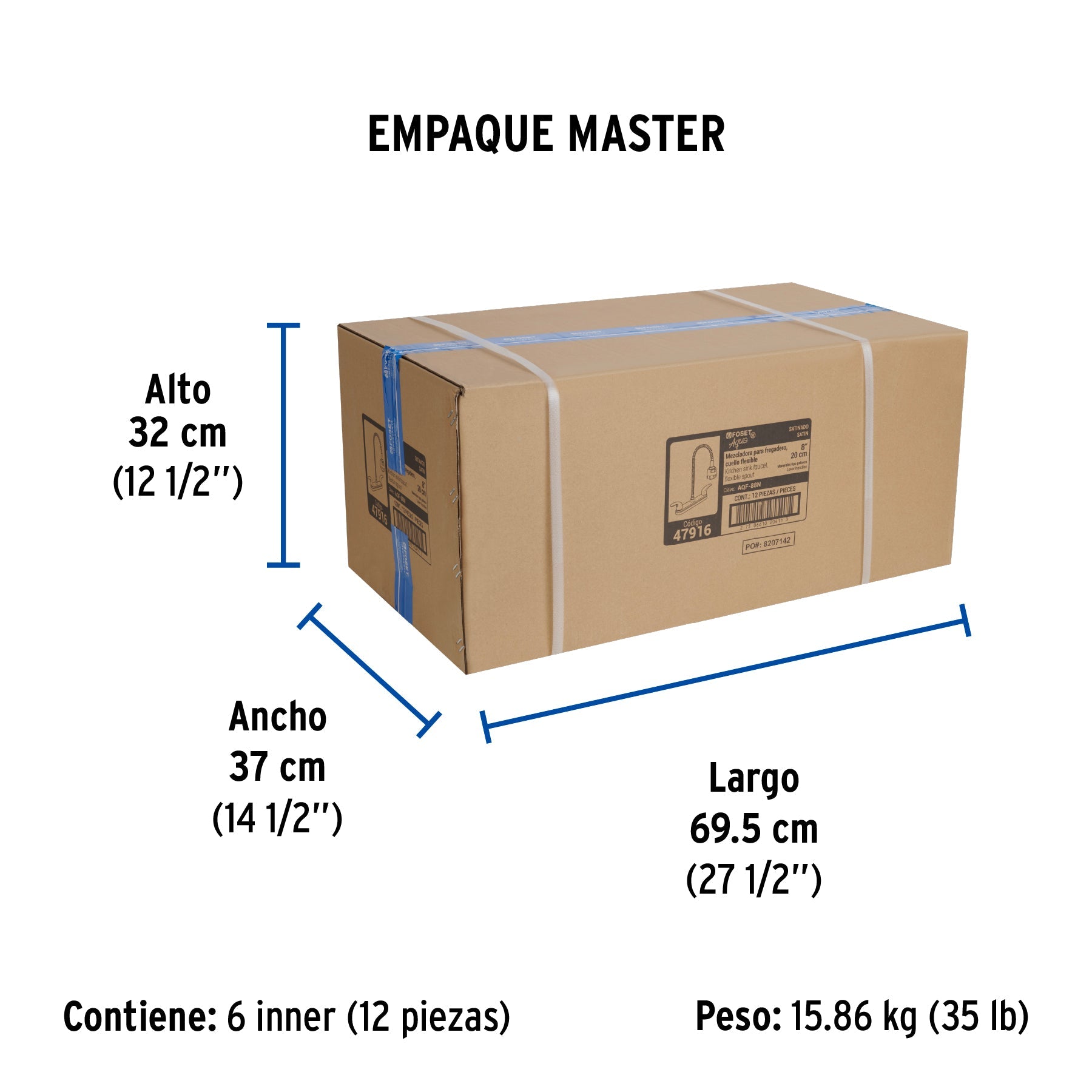 Mezcladora 8" p/fregadero, flexible, palanca, satín, AQUA - Empaque