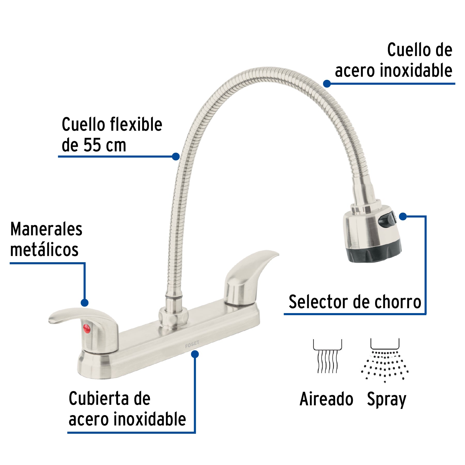 Mezcladora 8" p/fregadero, flexible, palanca, satín, AQUA
