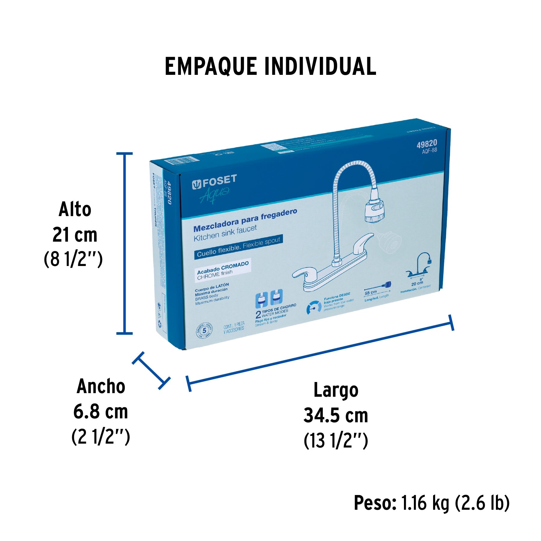 Mezcladora fregadero 8" cromo, cuello flexible, palanca,AQUA - Empaque