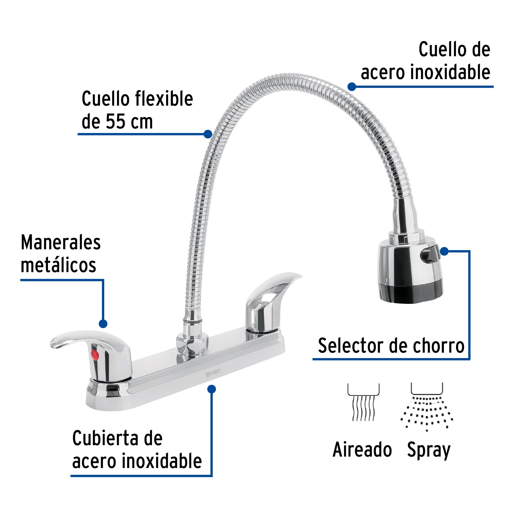 Mezcladora fregadero 8" cromo, cuello flexible, palanca,AQUA