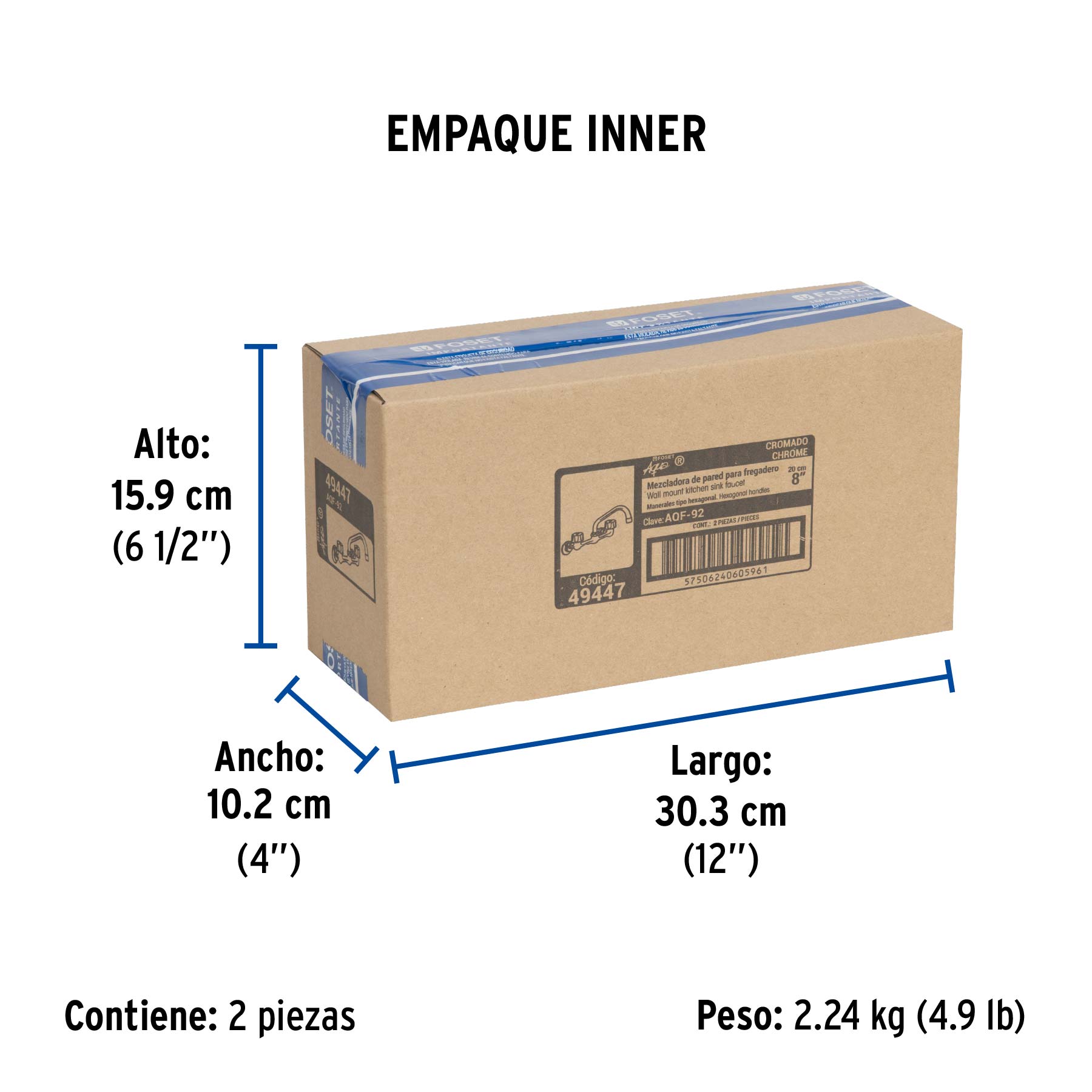 Mezcladora fregadero 8" cromo, instalación a pared, AQUA - Empaque