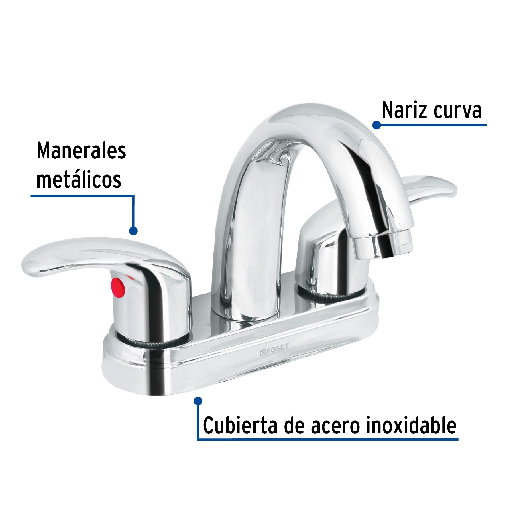 Mezcladora lavabo 4" cromo, nariz curva, palanca, AQUA