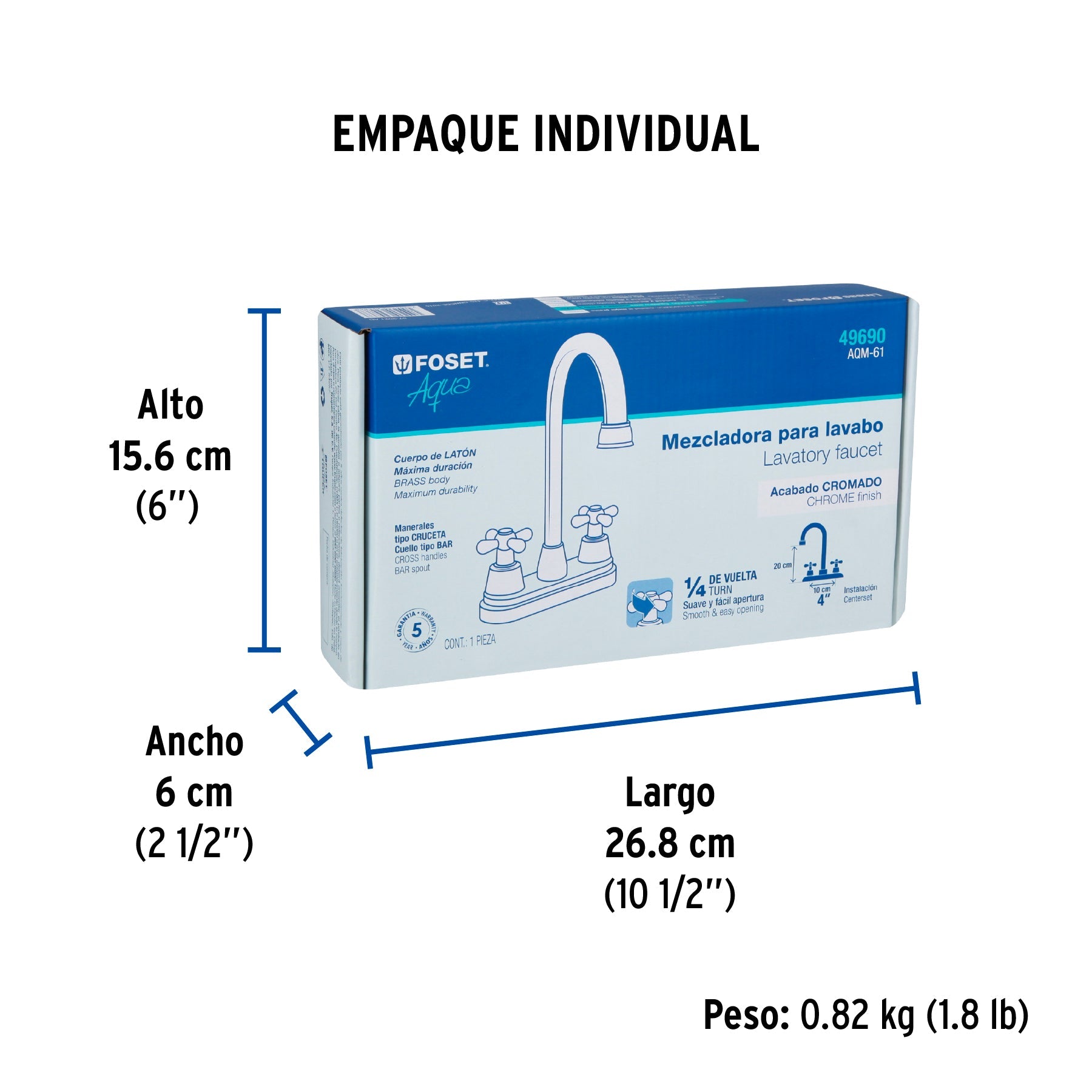 Mezcladora lavabo 4" cromo, tipo bar, cruceta, AQUA - Empaque