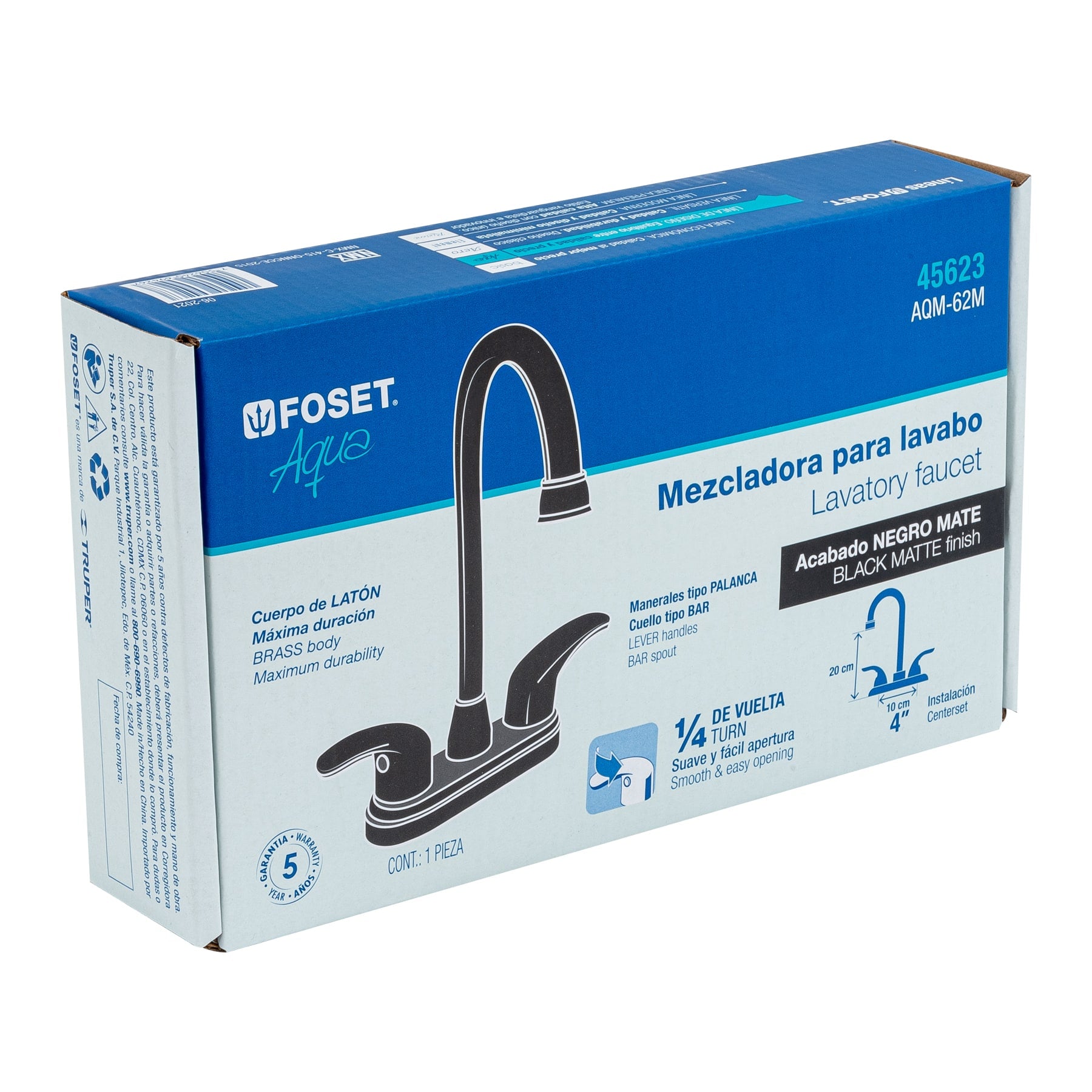 Mezcladora lavabo 4" negro, tipo bar, palanca, AQUA