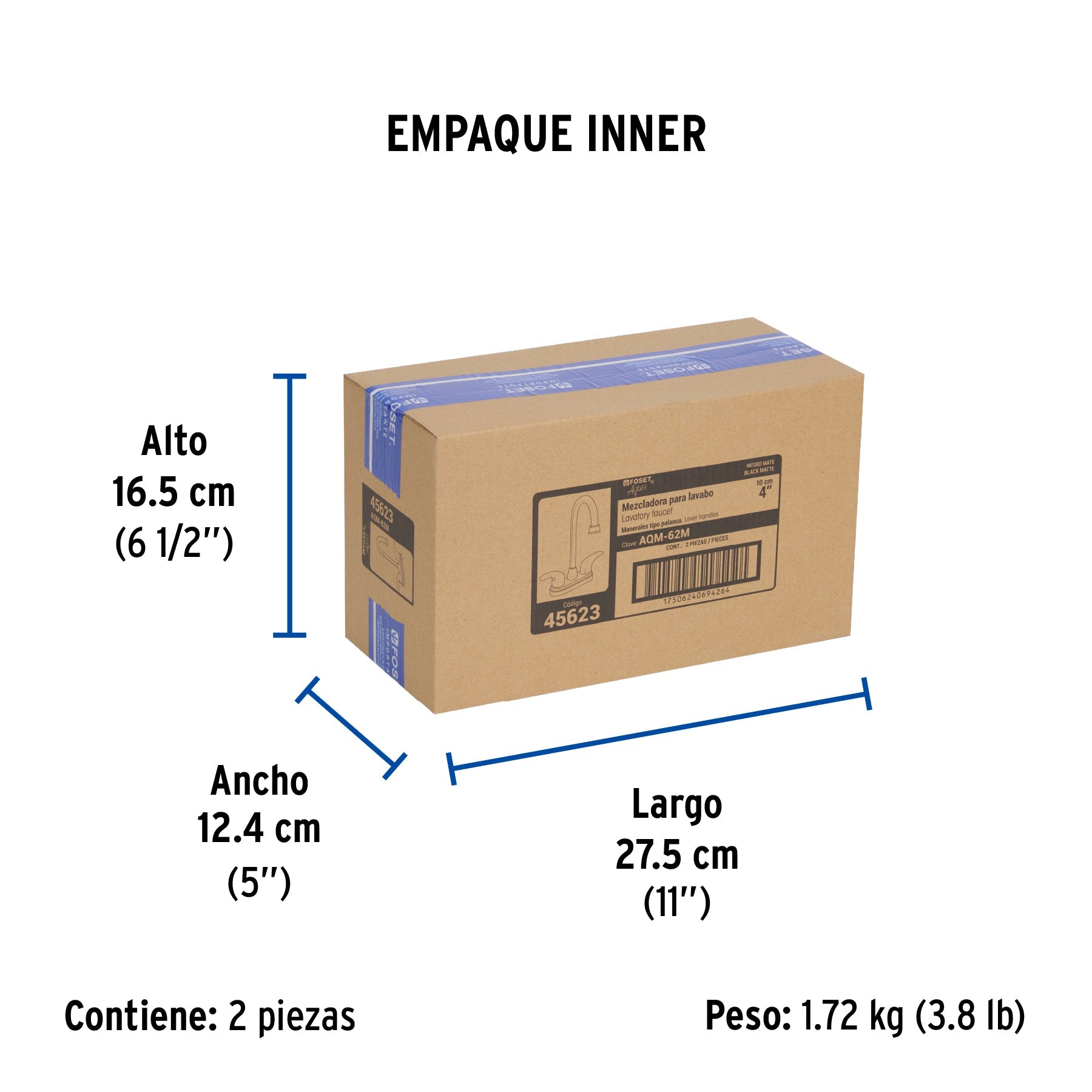 Mezcladora lavabo 4" negro, tipo bar, palanca, AQUA - Empaque