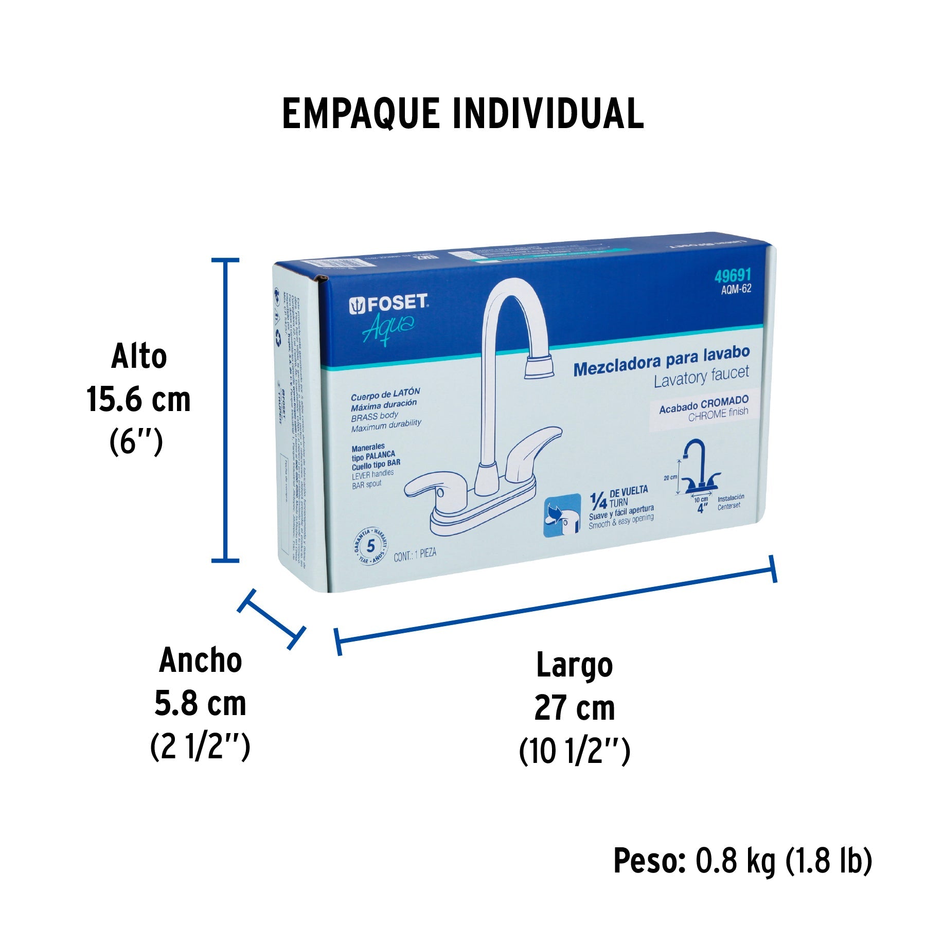 Mezcladora lavabo 4" cromo, tipo bar, palanca, AQUA - Empaque