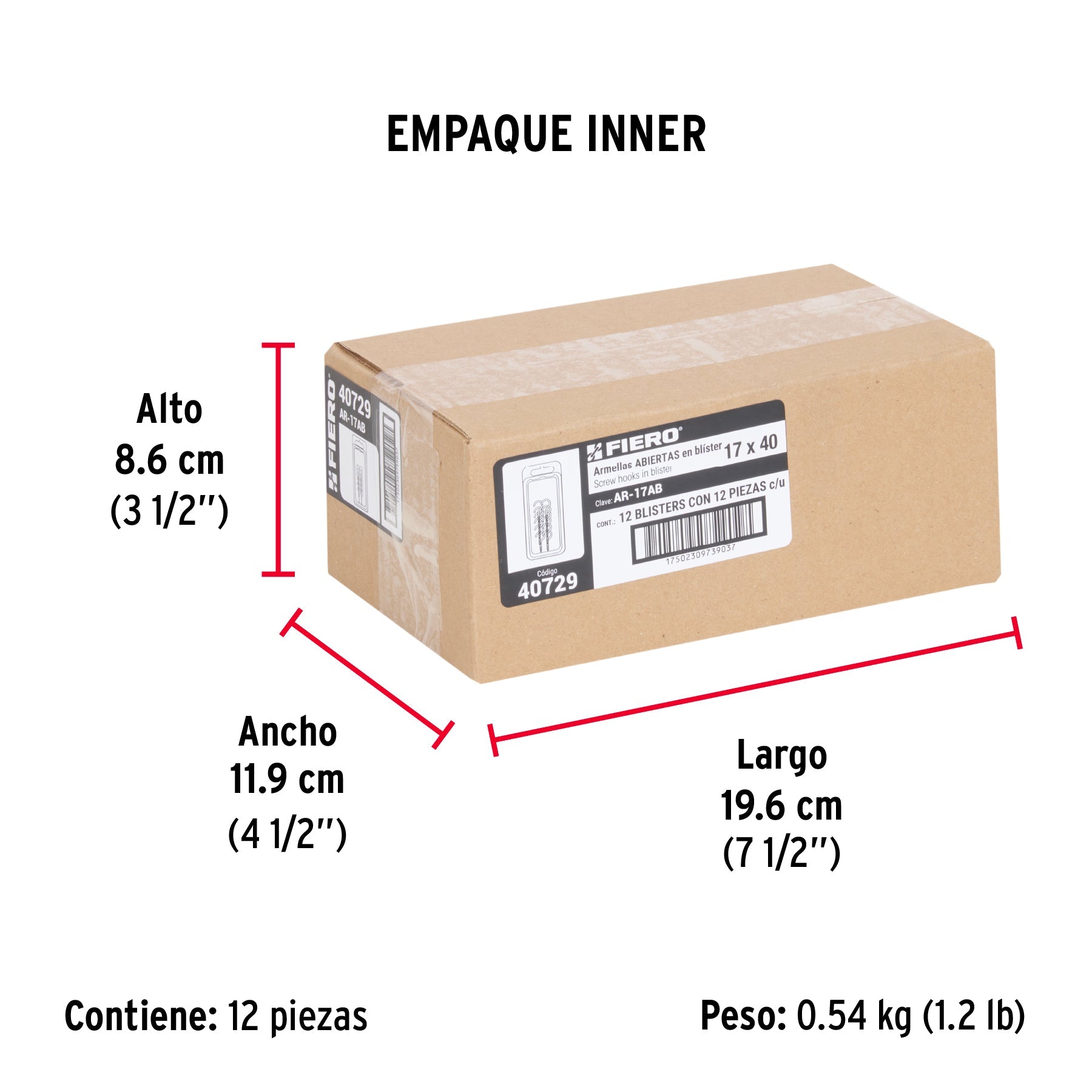 Blíster con 12 armellas abiertas de 17 x 40, FIERO - Empaque