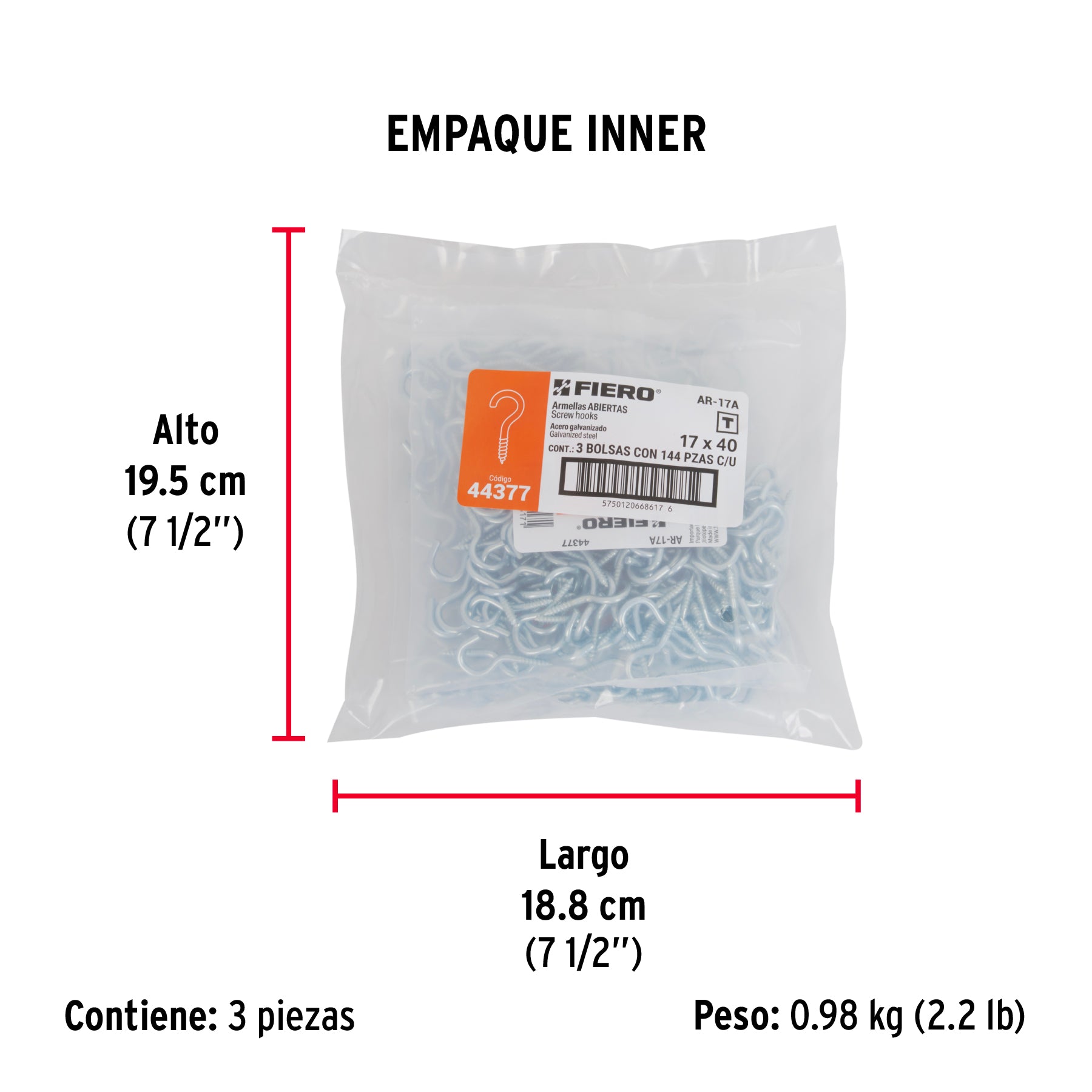 Bolsa con 144 armellas abiertas de 17 x 40, FIERO - Empaque