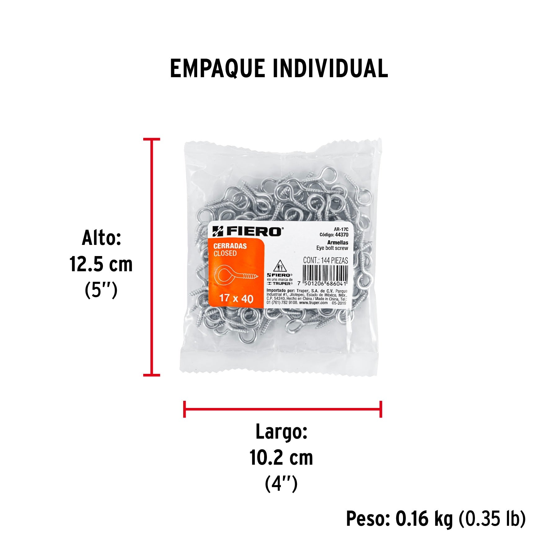 Bolsa con 144 armellas cerradas de 17 x 40, FIERO - Empaque