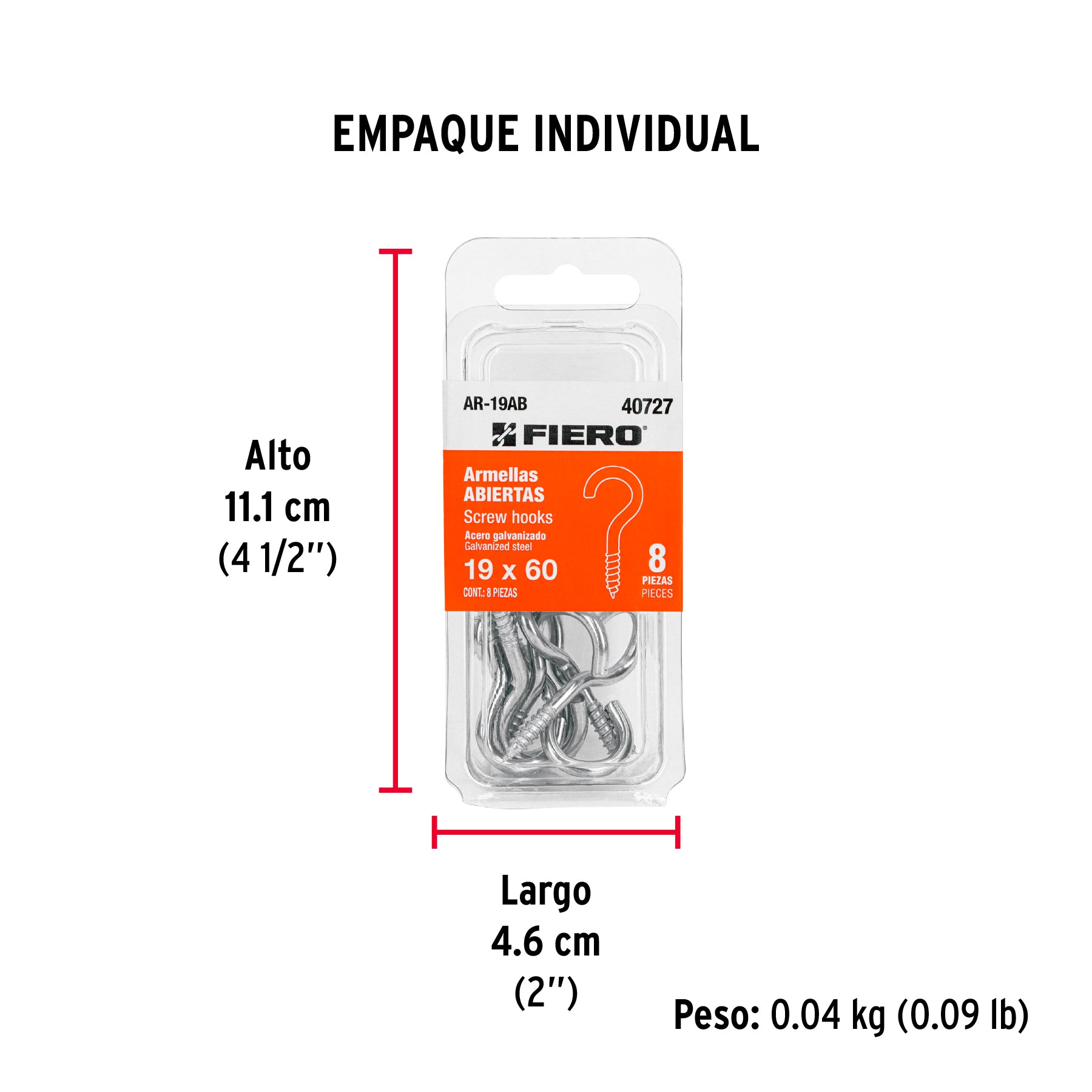 Blíster con 8 armellas abiertas de 19 x 60, FIERO - Empaque