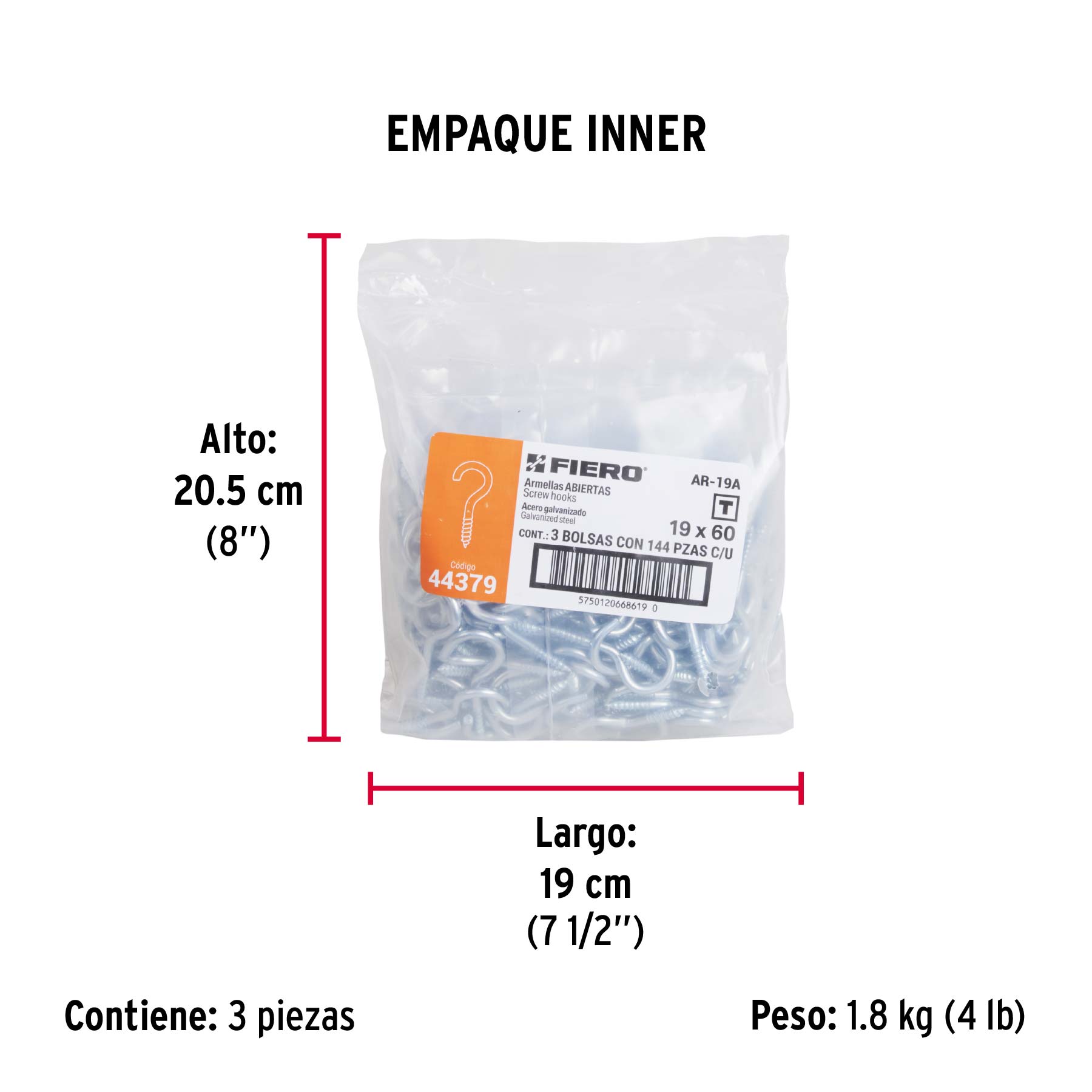 Bolsa con 144 armellas abiertas de 19 x 60, FIERO - Empaque