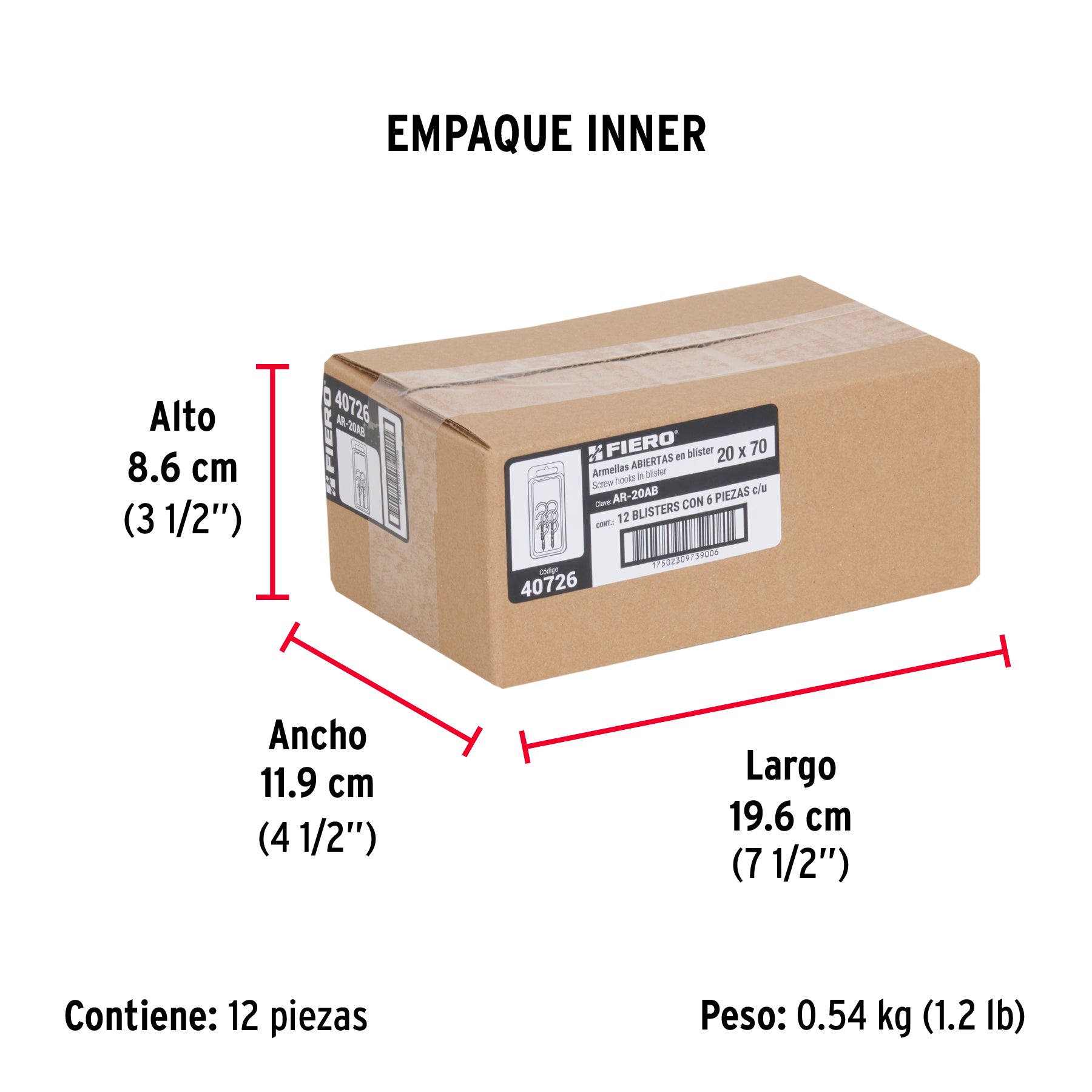 Blíster con 6 armellas abiertas de 20 x 70, FIERO - Empaque