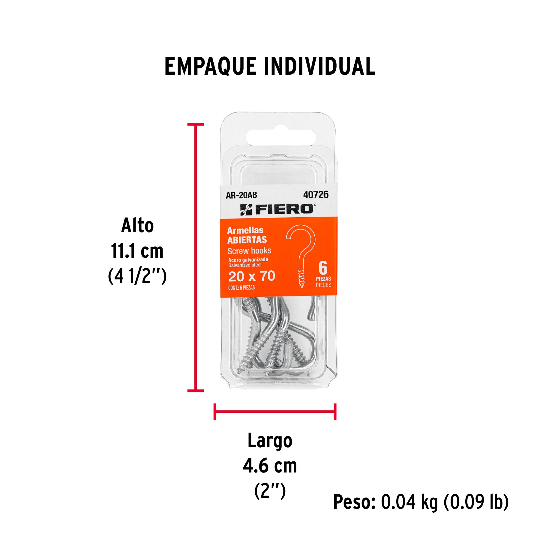 Blíster con 6 armellas abiertas de 20 x 70, FIERO - Empaque