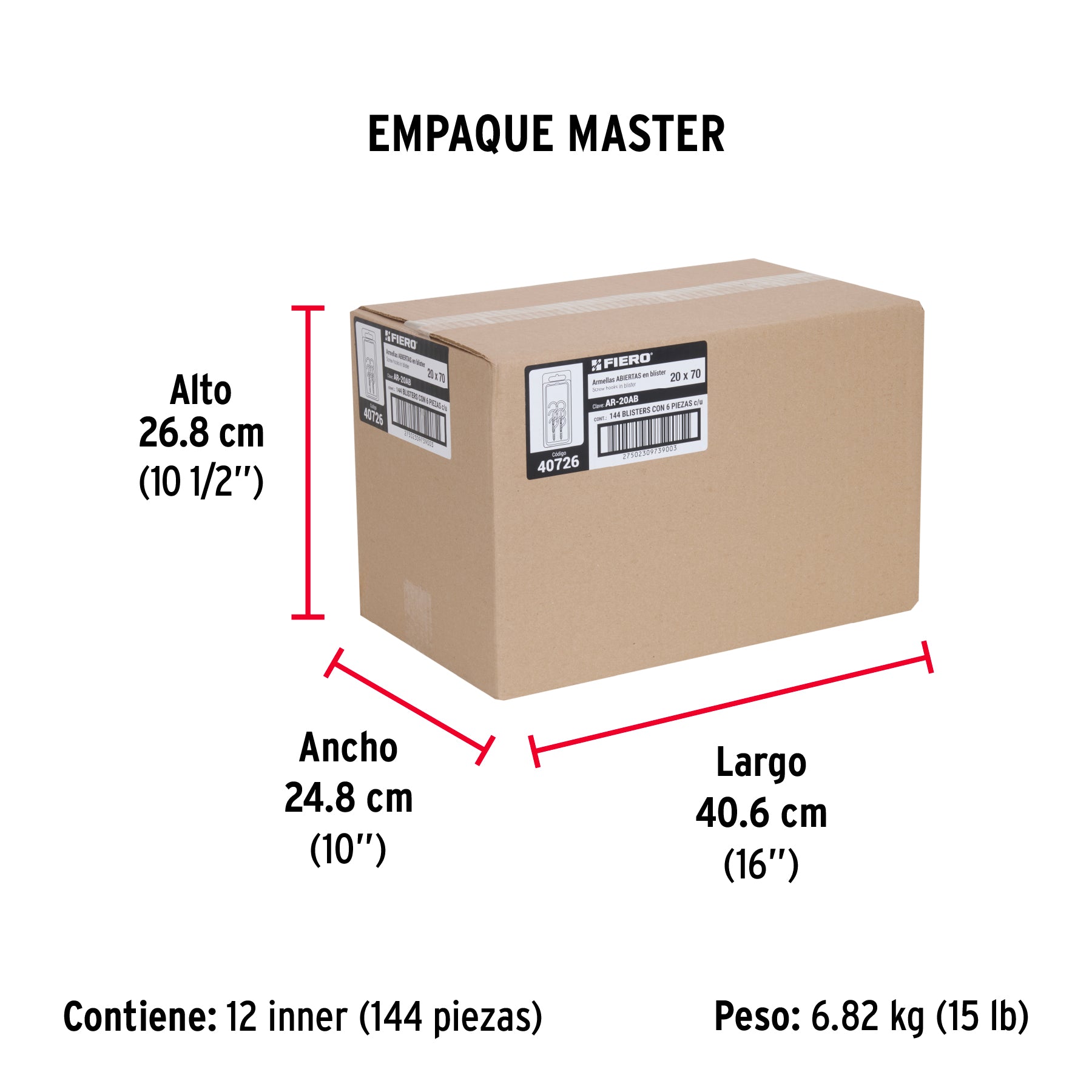 Blíster con 6 armellas abiertas de 20 x 70, FIERO - Empaque