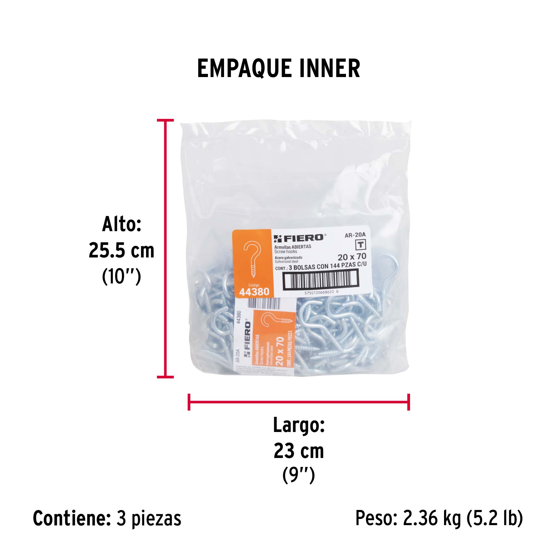 Bolsa con 144 armellas abiertas de 20 x 70, FIERO - Empaque
