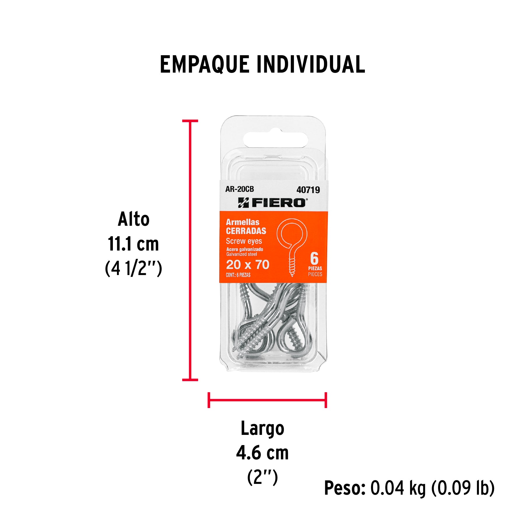 Blíster con 6 armellas cerradas de 20 x 70, FIERO - Empaque