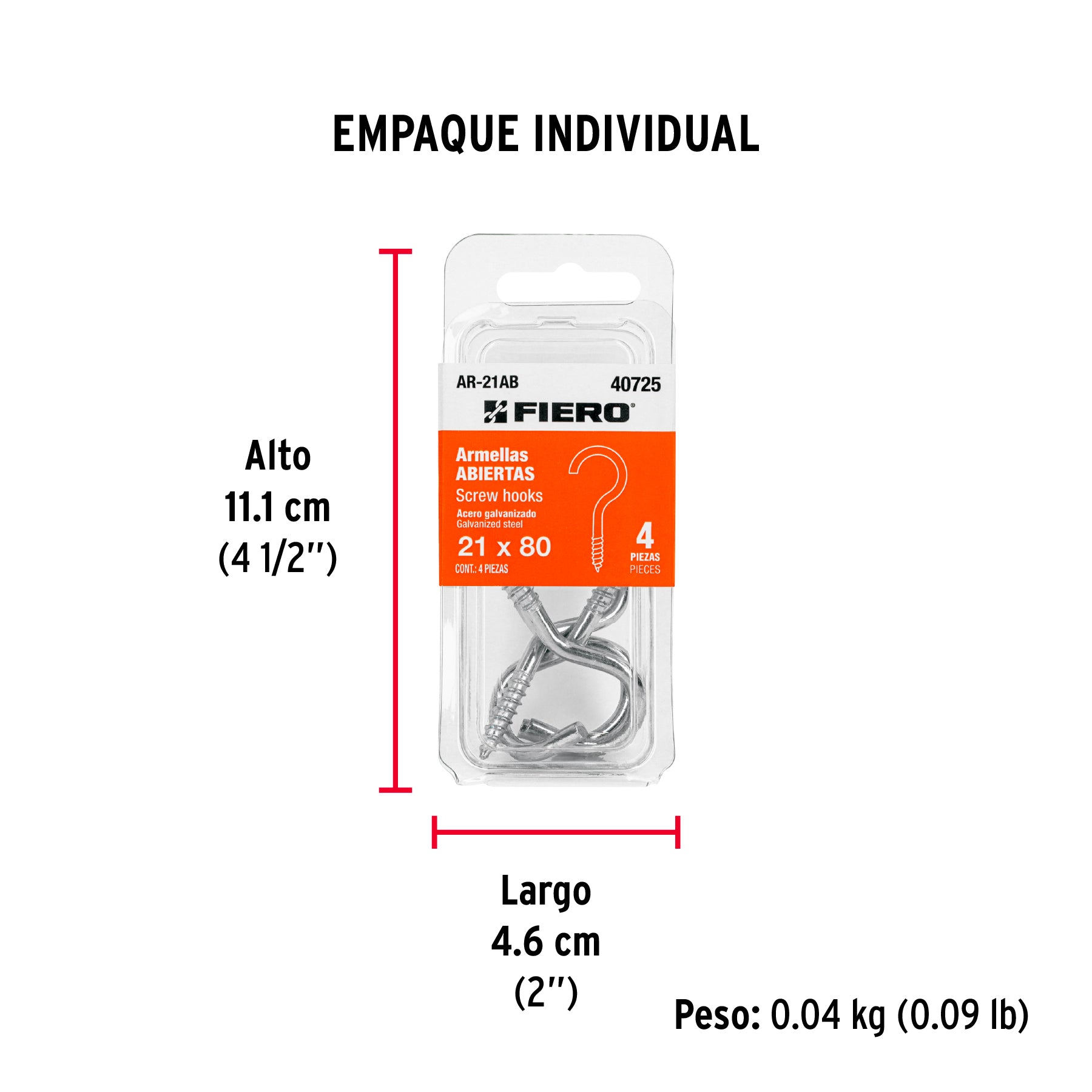 Blíster con 4 armellas abiertas de 21 x 80, FIERO - Empaque