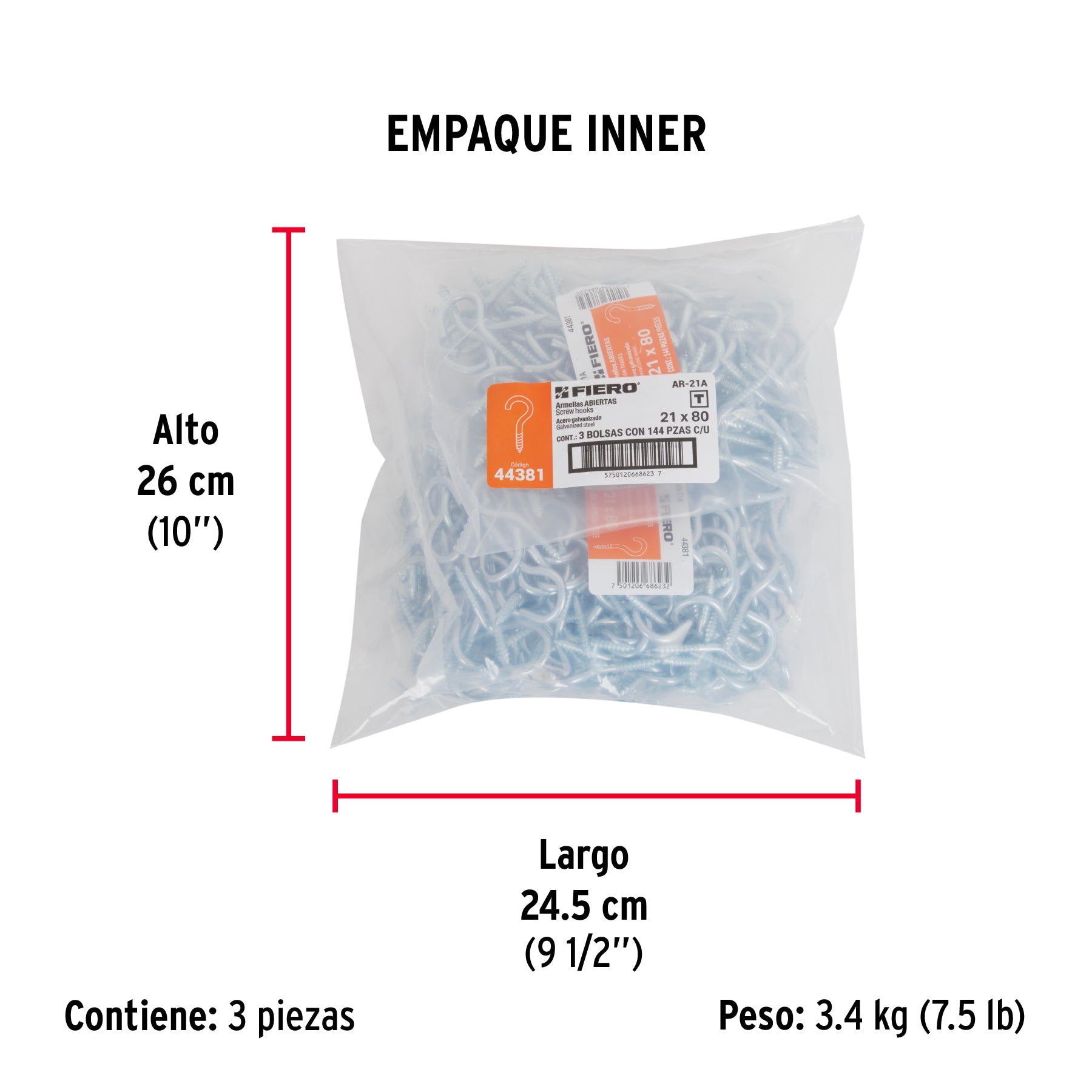 Bolsa con 144 armellas abiertas de 21 x 80, FIERO - Empaque
