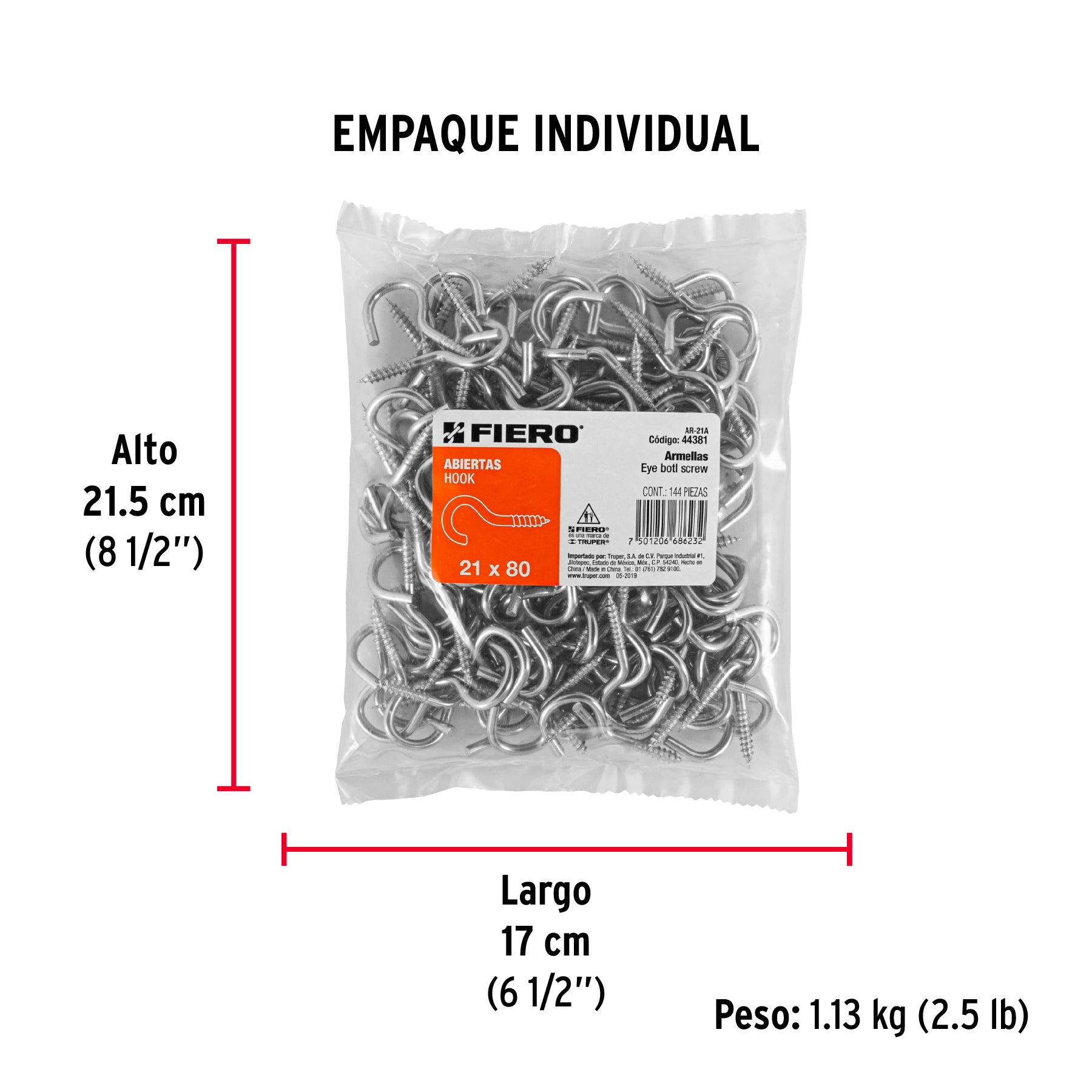 Bolsa con 144 armellas abiertas de 21 x 80, FIERO - Empaque