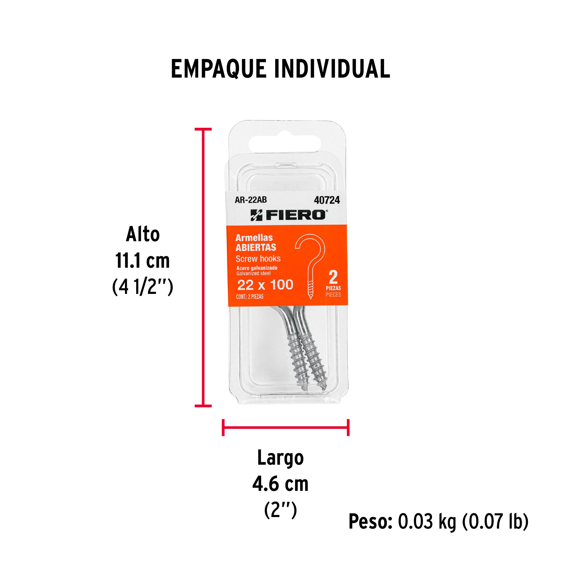 Blíster con 2 armellas abiertas de 22 x 100, FIERO - Empaque