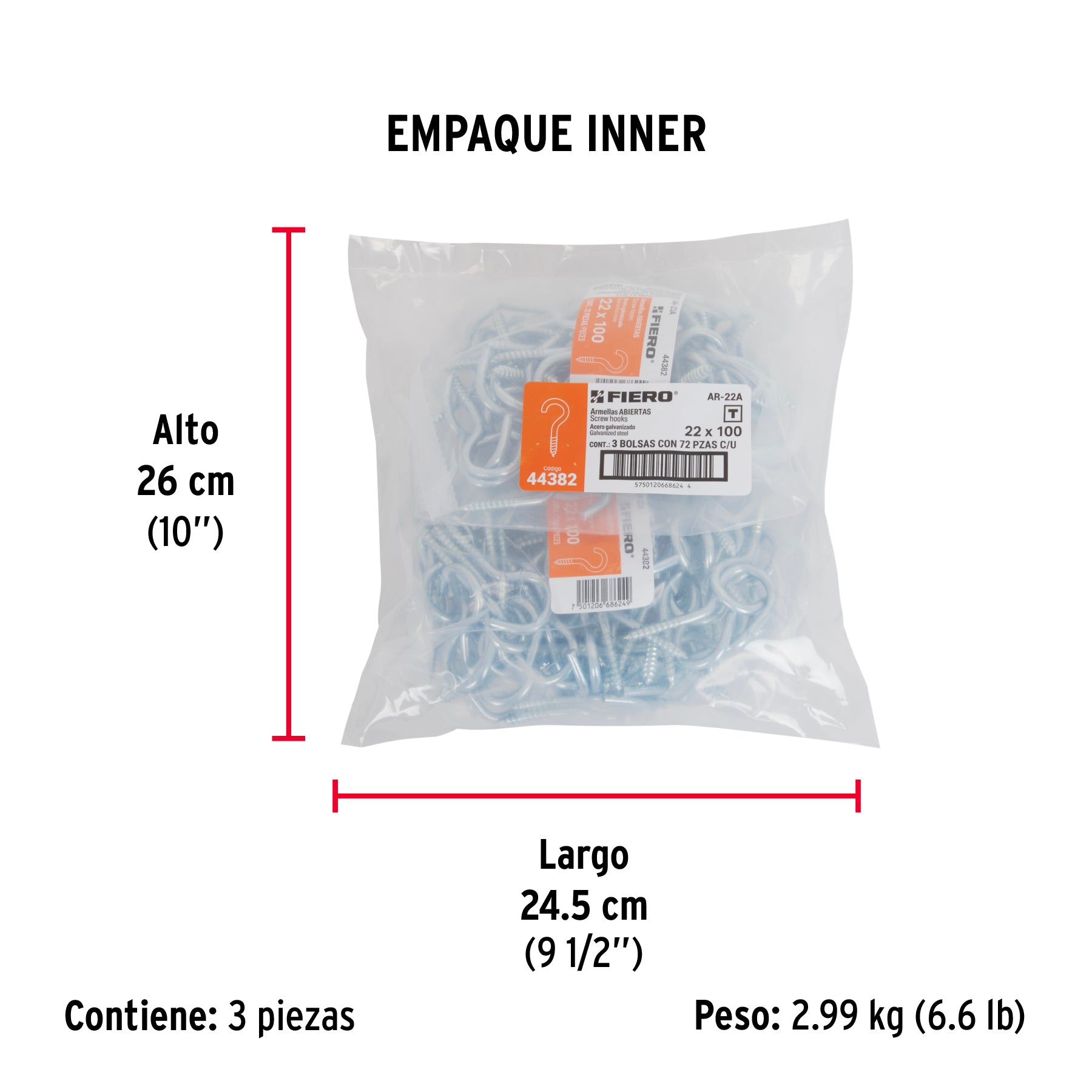 Bolsa con 72 armellas abiertas de 22 x 100, FIERO - Empaque