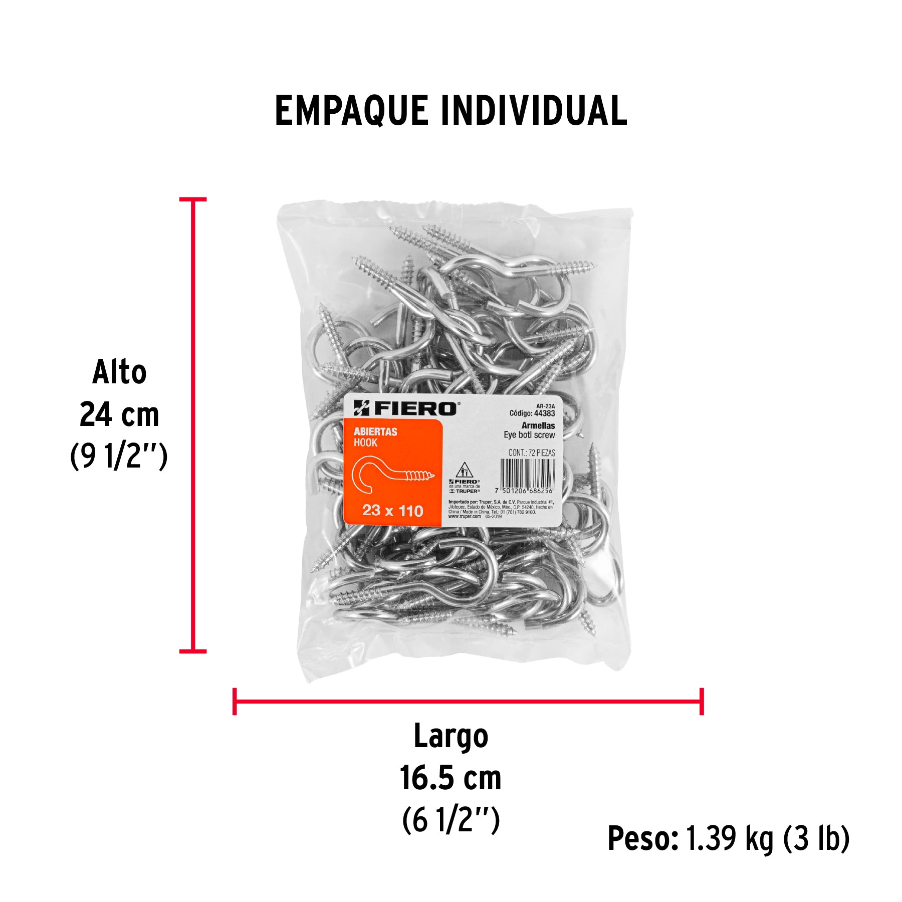 Bolsa con 72 armellas abiertas de 23 x 110, FIERO - Empaque