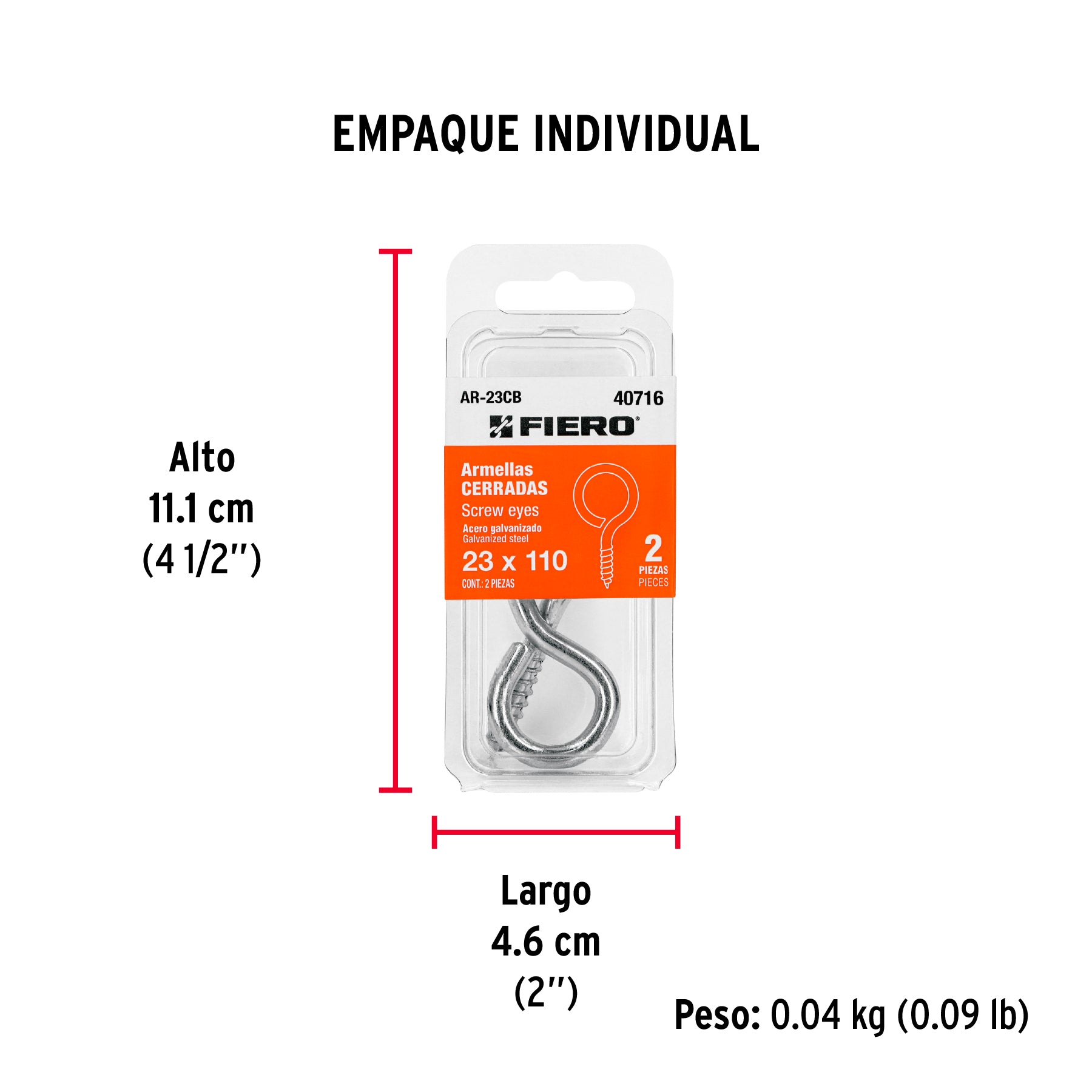 Blíster con 2 armellas cerradas de 23 x 110, FIERO - Empaque