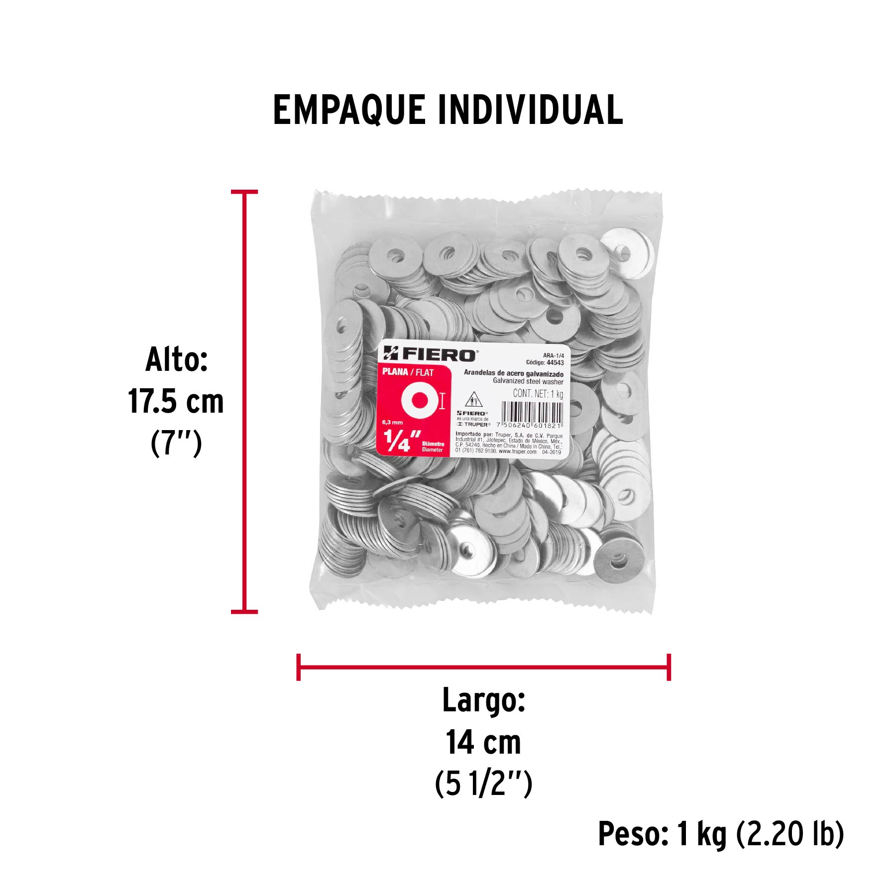 Bolsa de 1 kilo arandelas planas galvanizadas 1/4", FIERO - Empaque