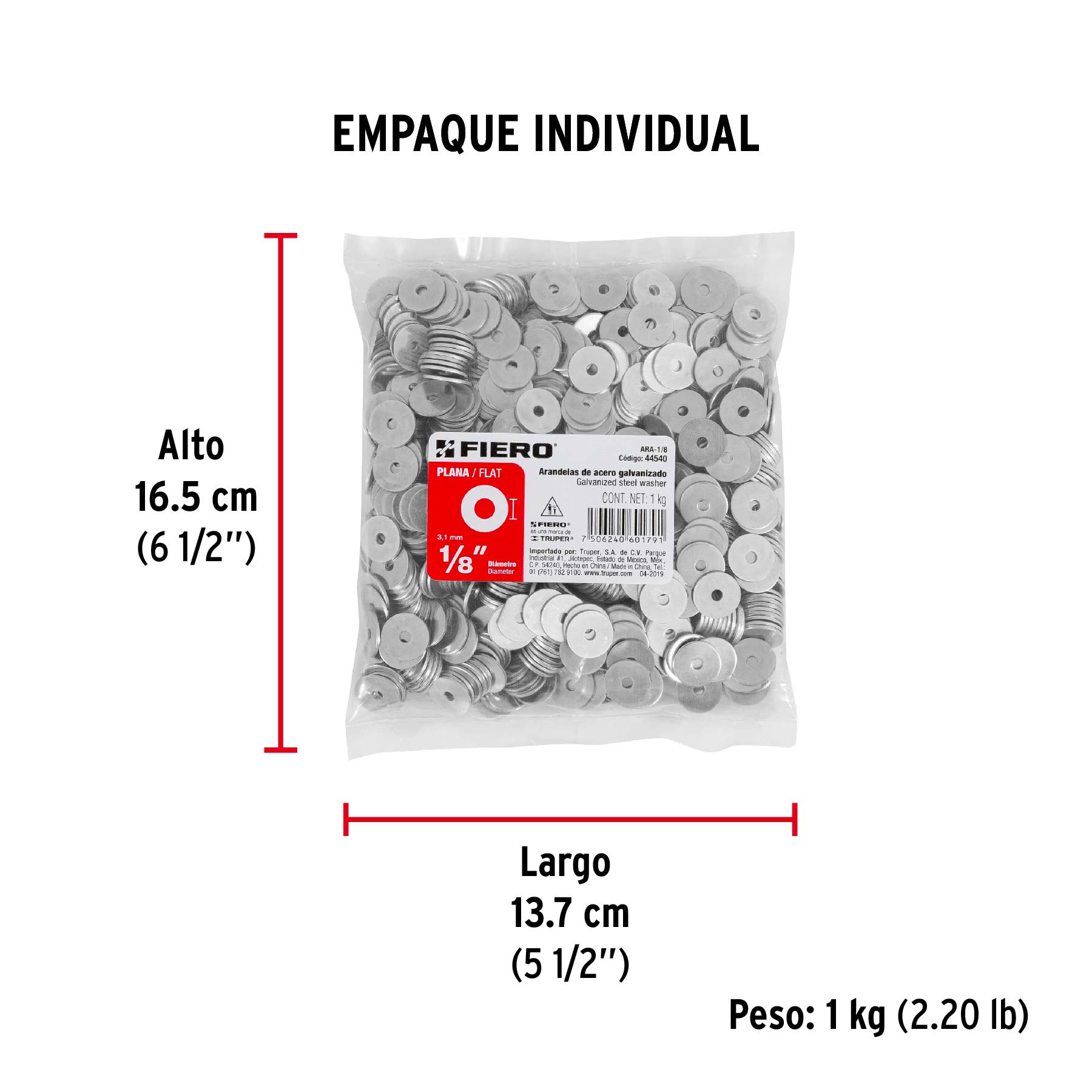 Bolsa de 1 kilo arandelas planas galvanizadas 1/8", FIERO - Empaque