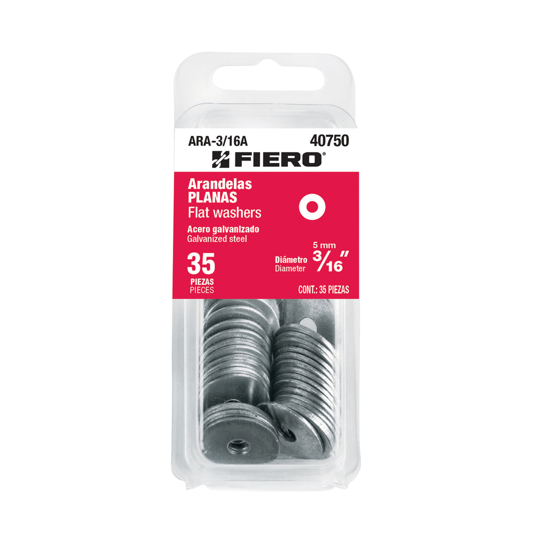Blíster con 35 arandelas planas de 3/16", FIERO