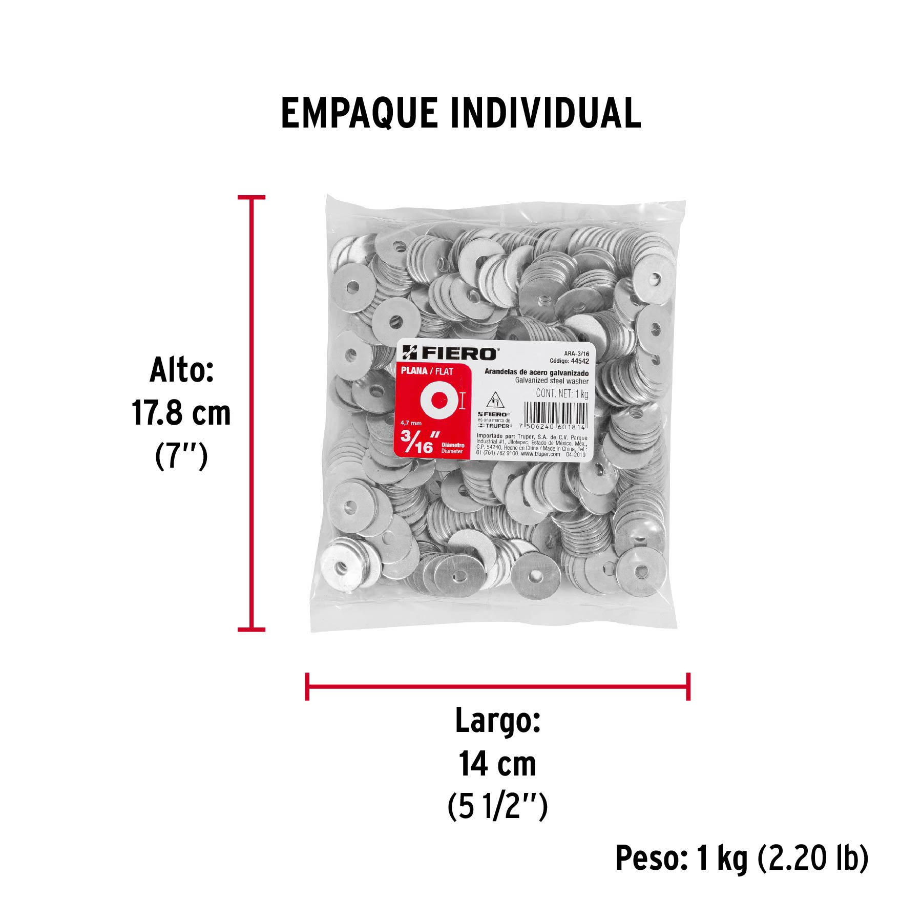 Bolsa de 1 kilo arandelas planas galvanizadas 3/16", FIERO - Empaque
